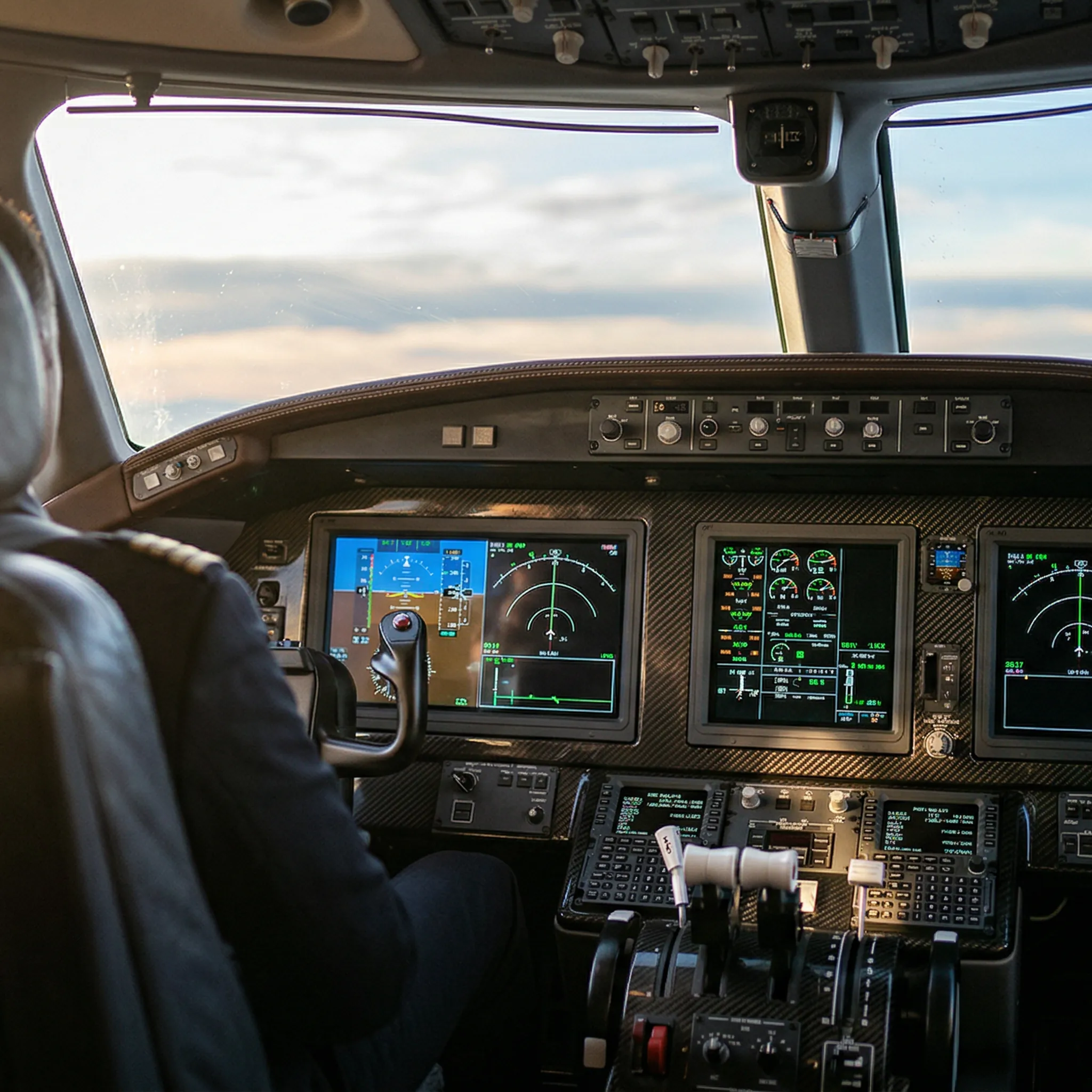 Modern glass cockpit of a large cabin private jet with twin flight displays and carbon fiber panel, representing fractional fleet operational complexity