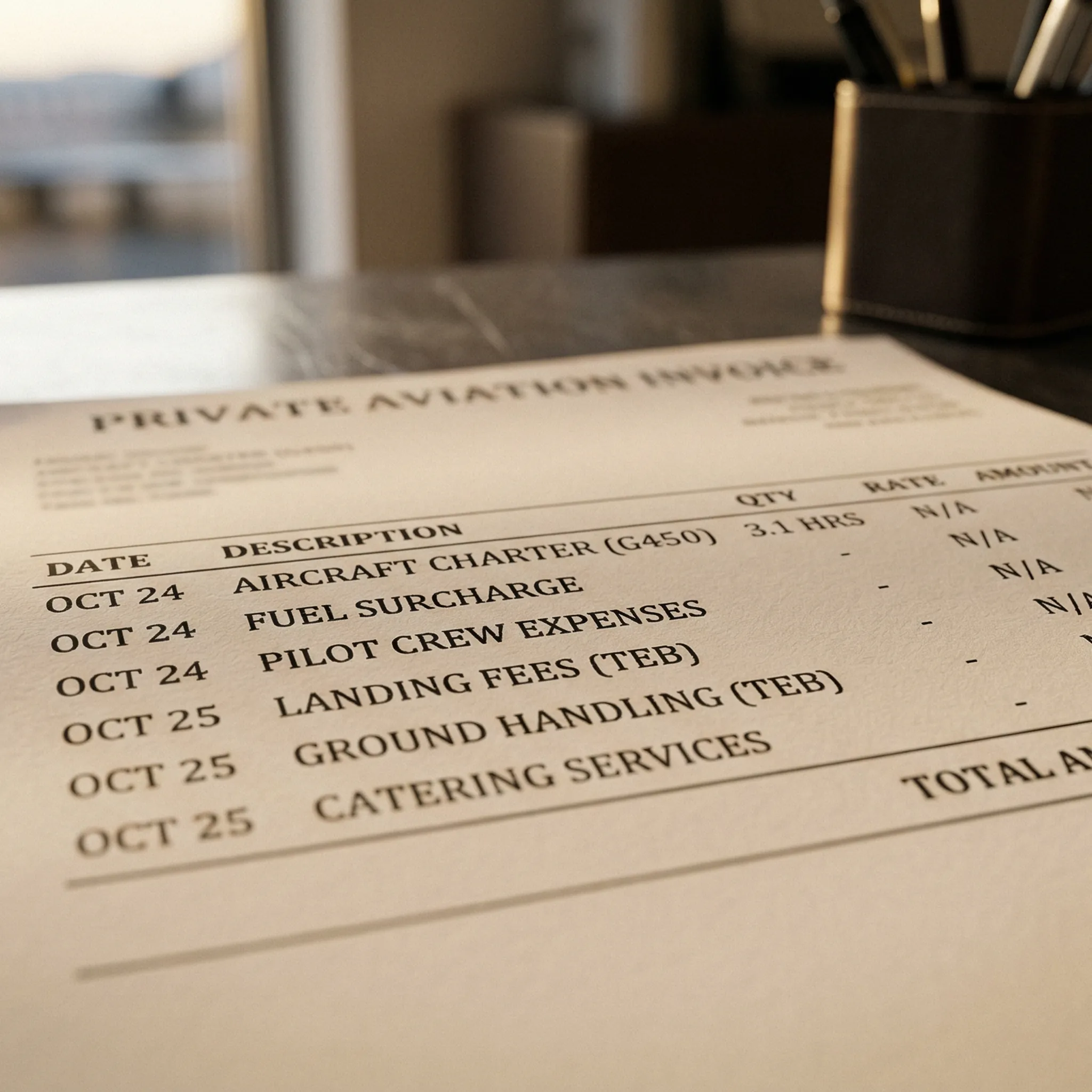 Private aviation trip invoice document with line items on a brushed aluminum desk surface