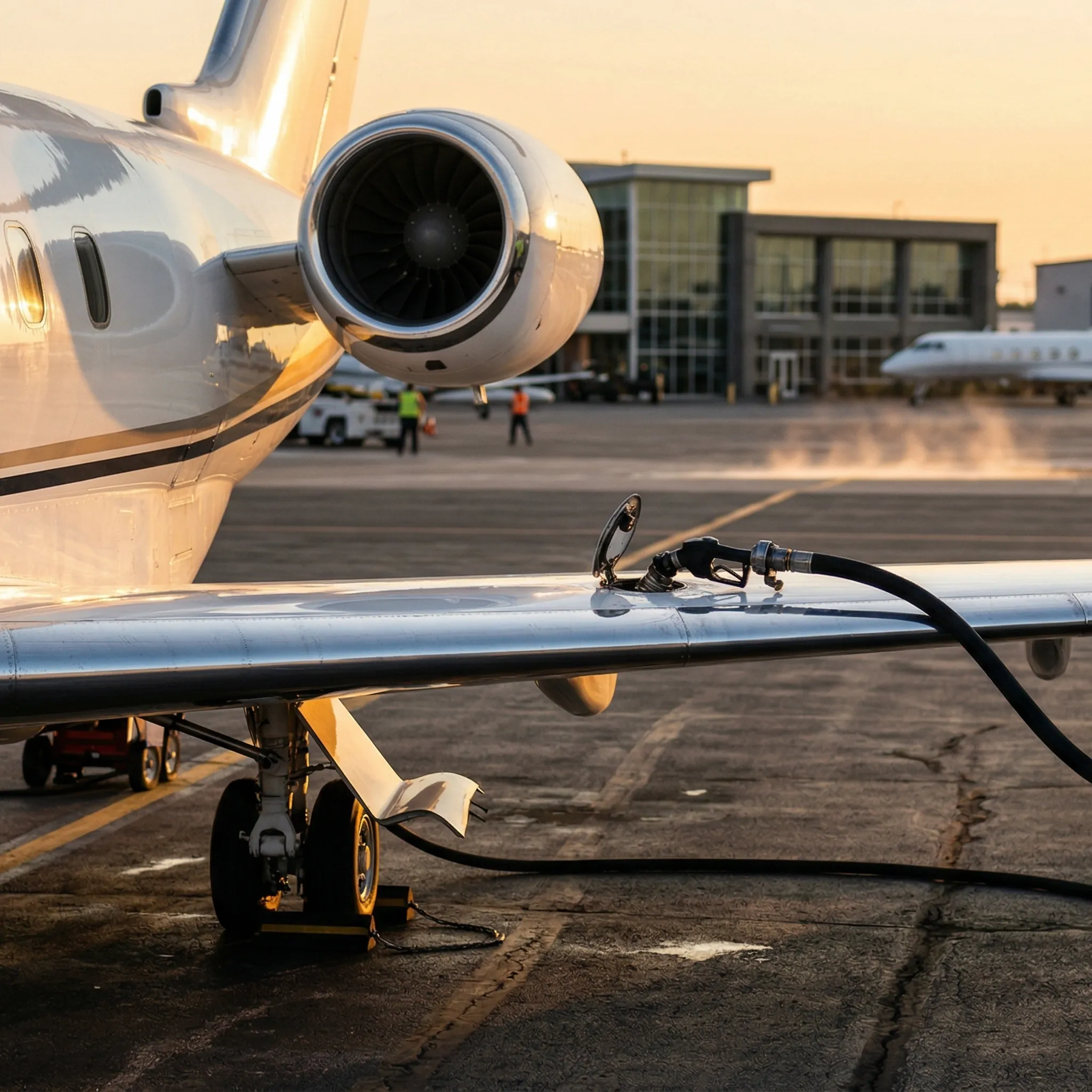 Business jet being refueled at an FBO ramp in afternoon golden light