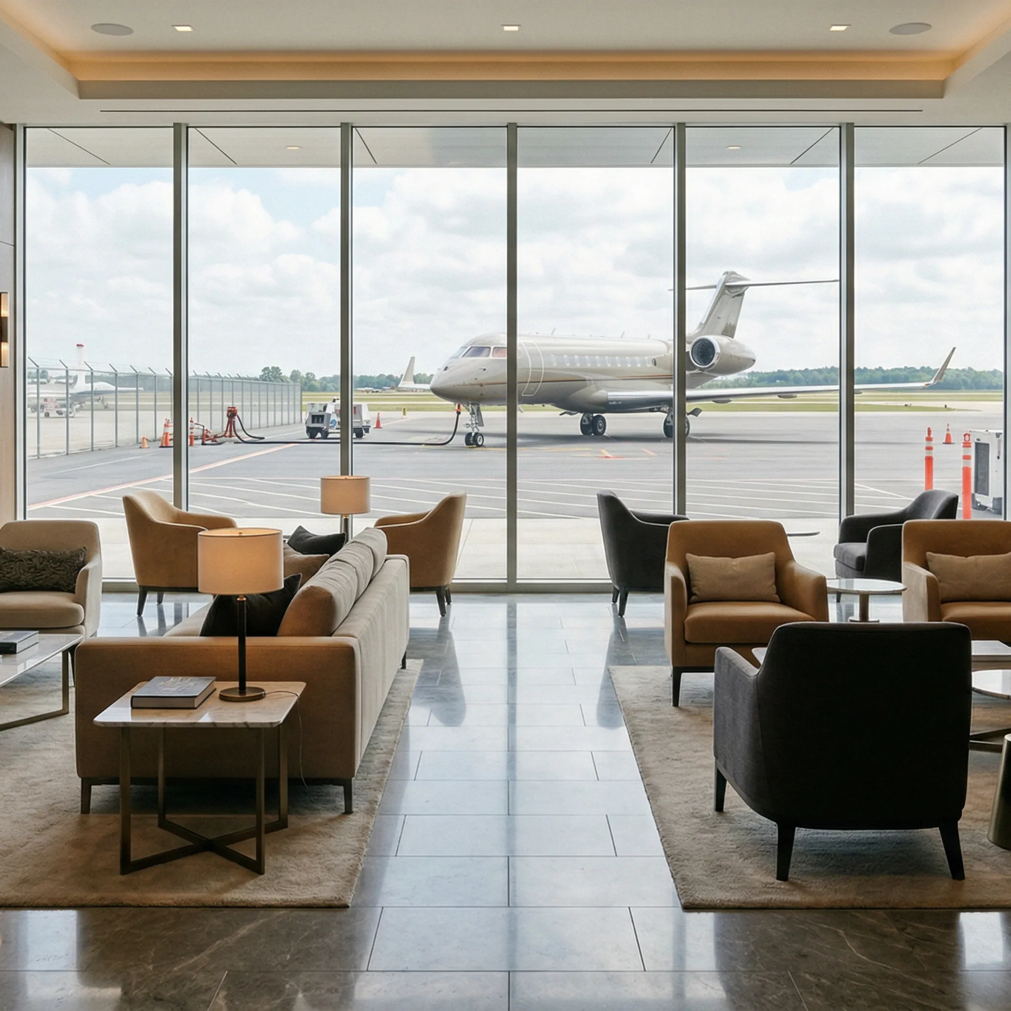 Luxury FBO terminal lounge interior with floor-to-ceiling windows overlooking a private jet ramp