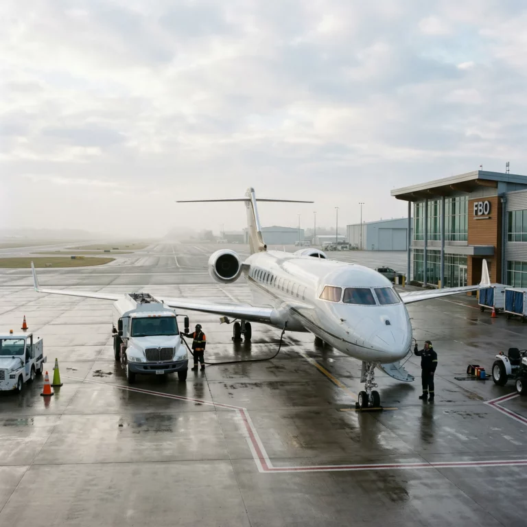 Business jet parked at a premium FBO ramp with a fuel truck alongside in early morning light