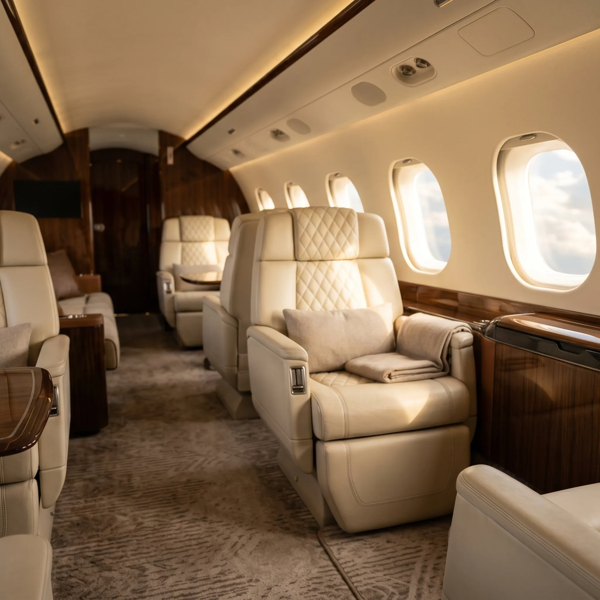 Luxurious private jet cabin interior with cream leather seating, polished wood veneer, and soft natural window lighting