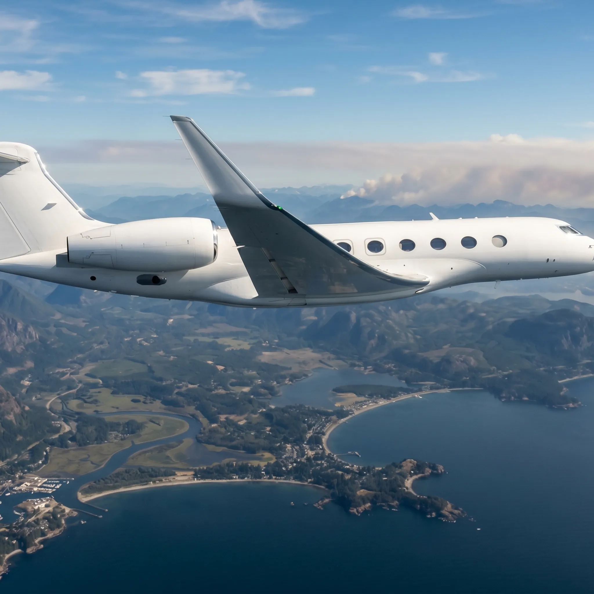 Ultra-long-range private jet in flight above coastal terrain with atmospheric haze visible on the horizon