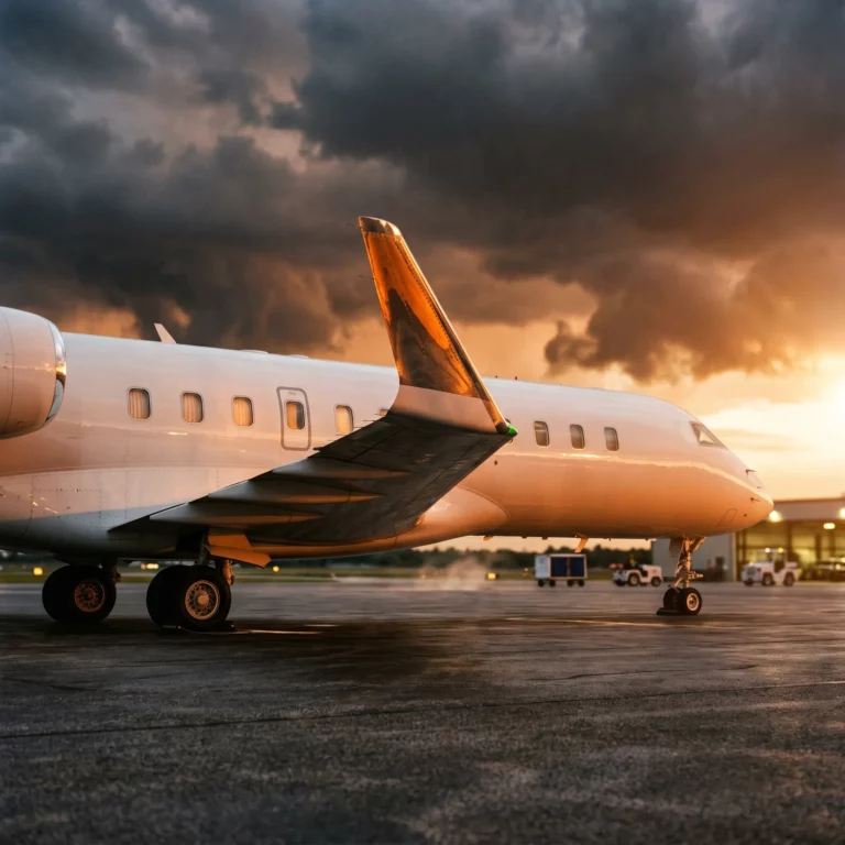 Large-cabin private jet on FBO ramp at dusk with storm clouds on the horizon suggesting emergency departure
