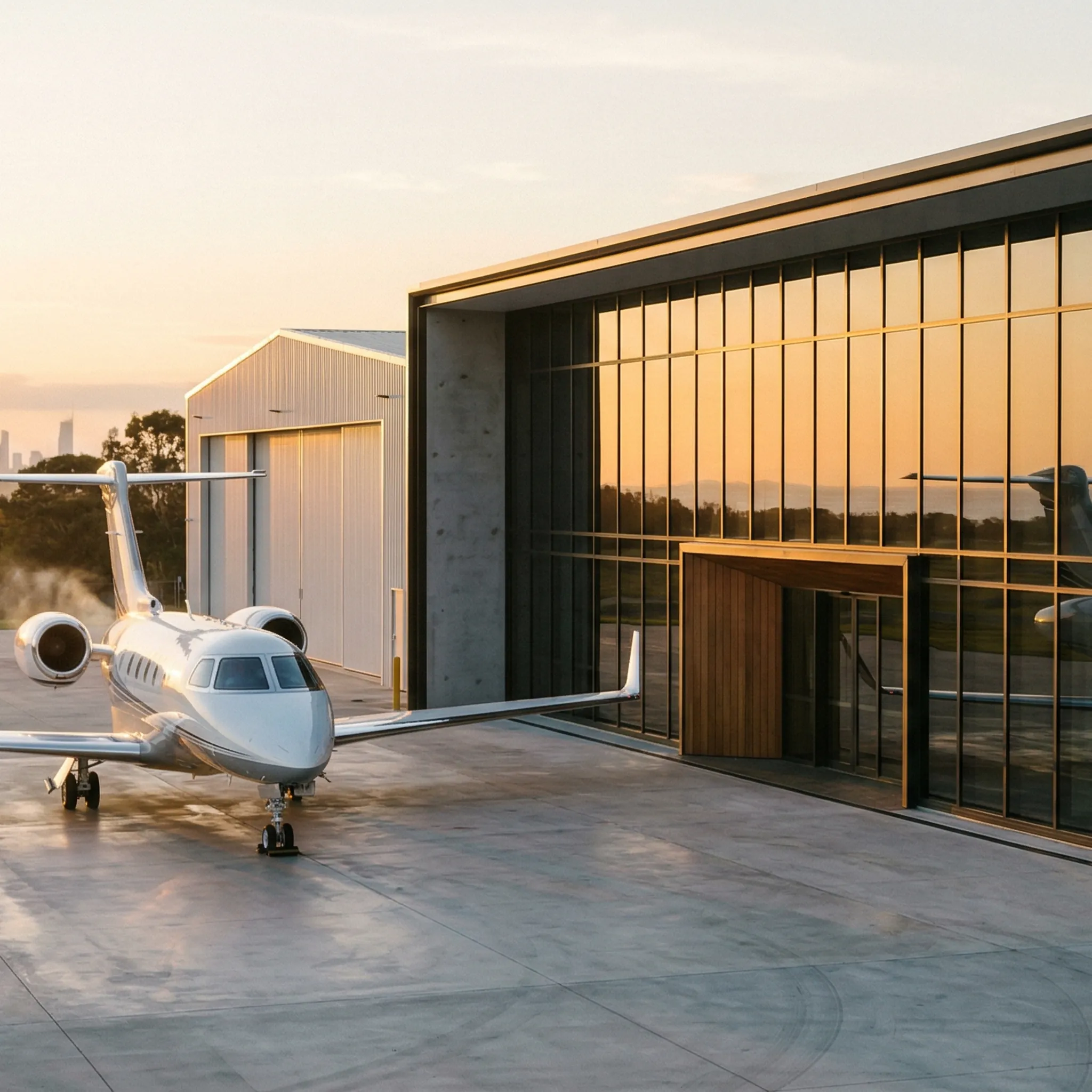 Modern private aviation FBO terminal building exterior at golden hour with a private jet parked on the ramp