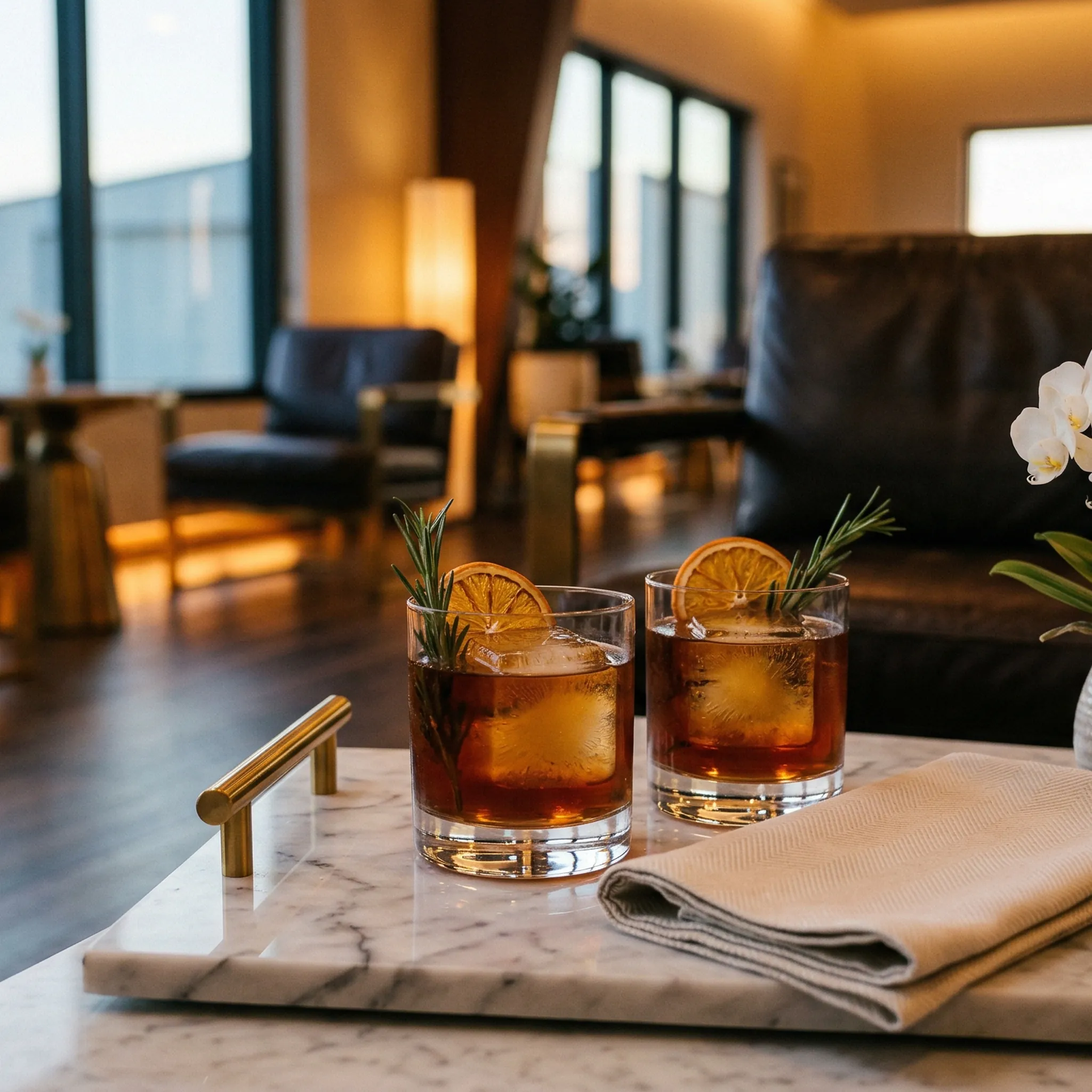 Luxury FBO lounge hospitality setup with cocktails on a marble tray, leather seating, and hotel-quality amenities