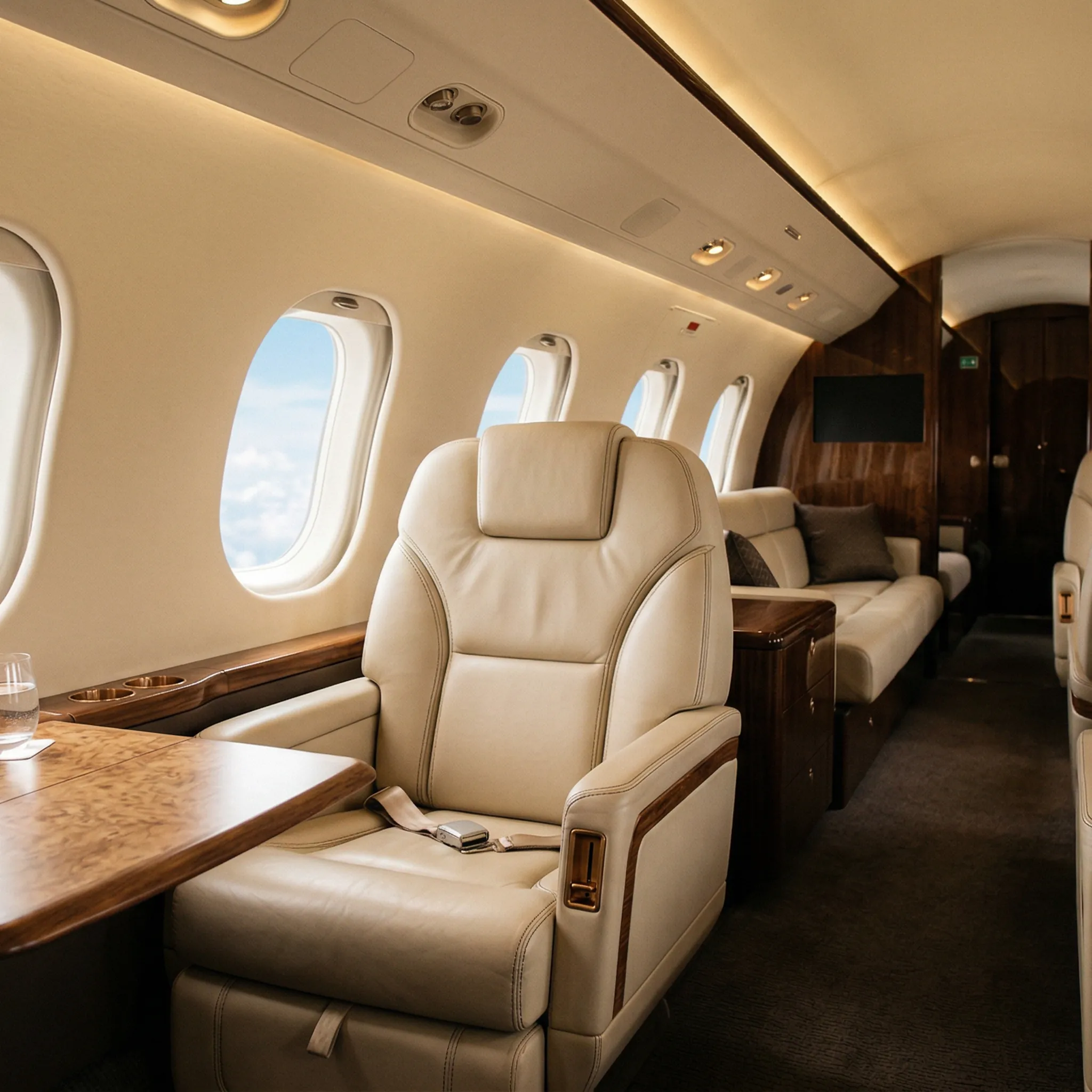 Luxurious Bombardier Global 7500 private jet cabin interior with cream leather seats and burl wood accents