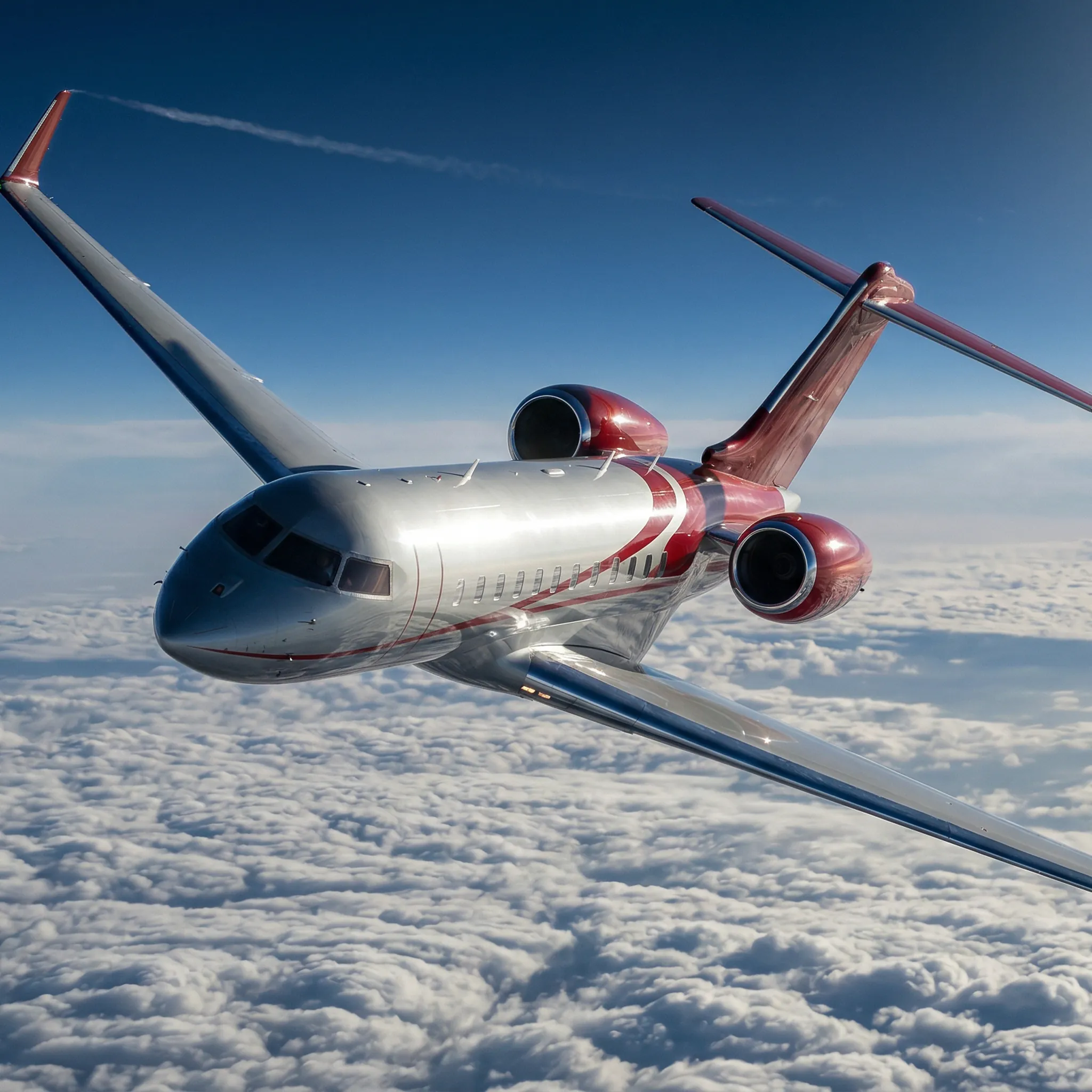 Silver and red private jet in a banking turn above clouds at cruise altitude representing international private aviation