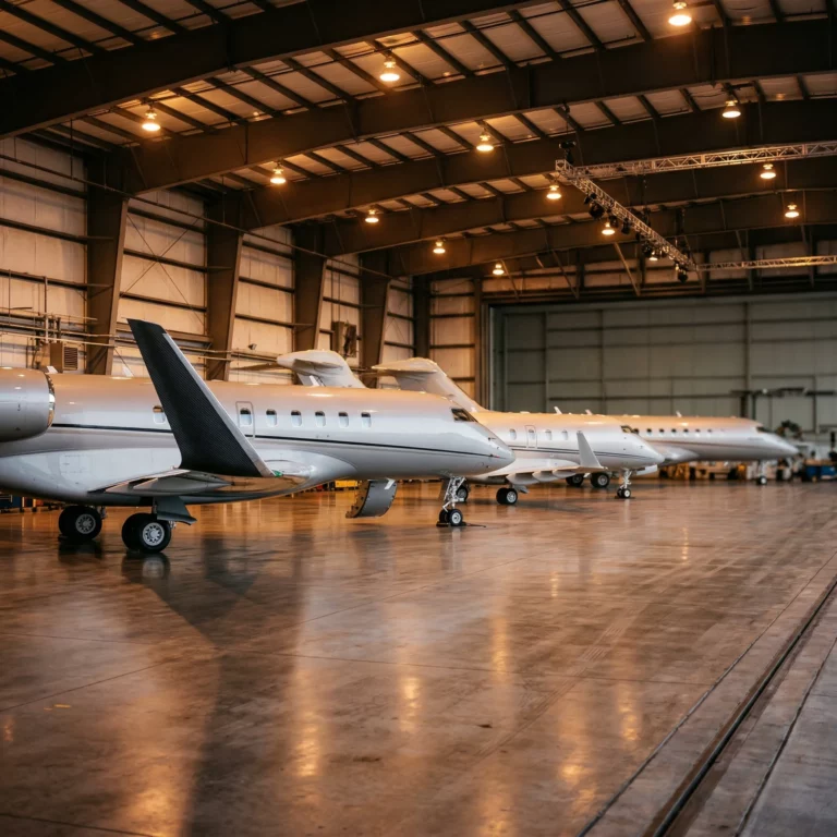 Three private jets parked inside a luxury executive hangar representing NetJets, VistaJet, and Flexjet program options