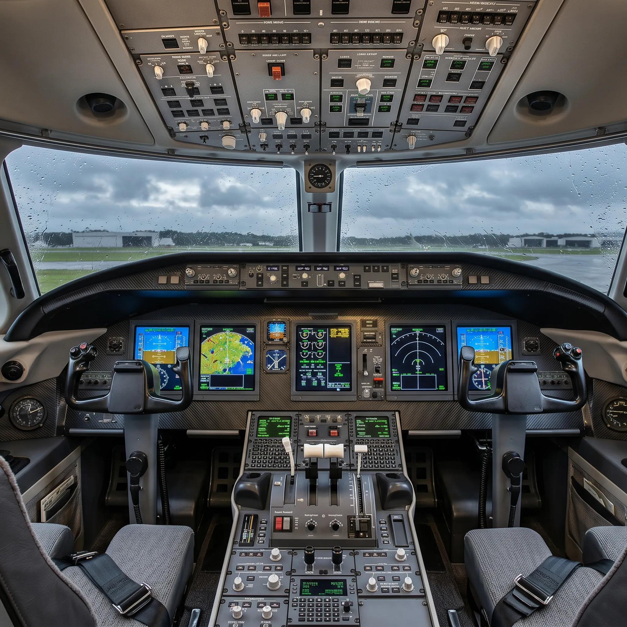 Empty large-cabin business jet cockpit showing full flight deck with glass avionics displays and dual pilot seats