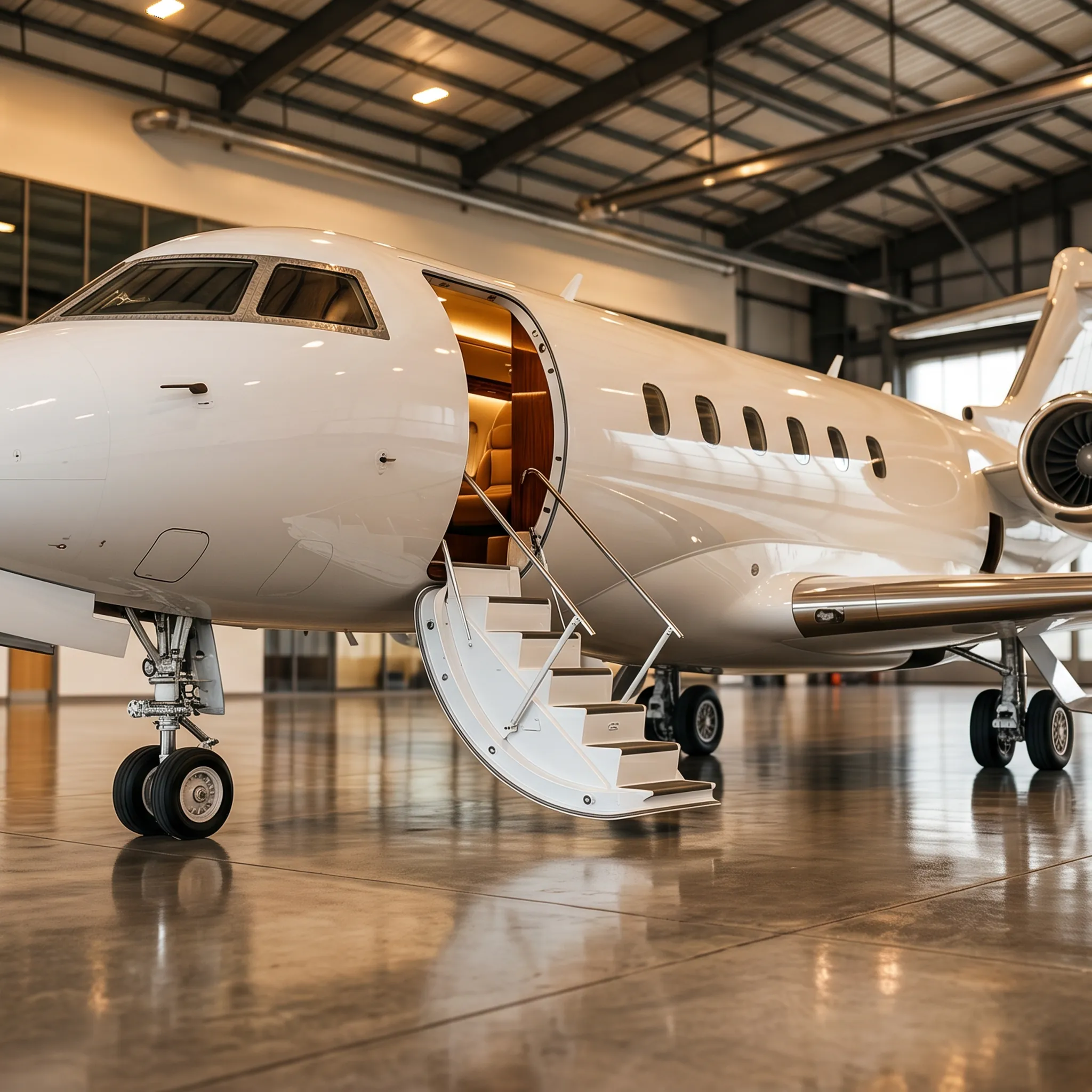 Large-cabin business jet parked inside executive FBO hangar with door open and airstairs extended