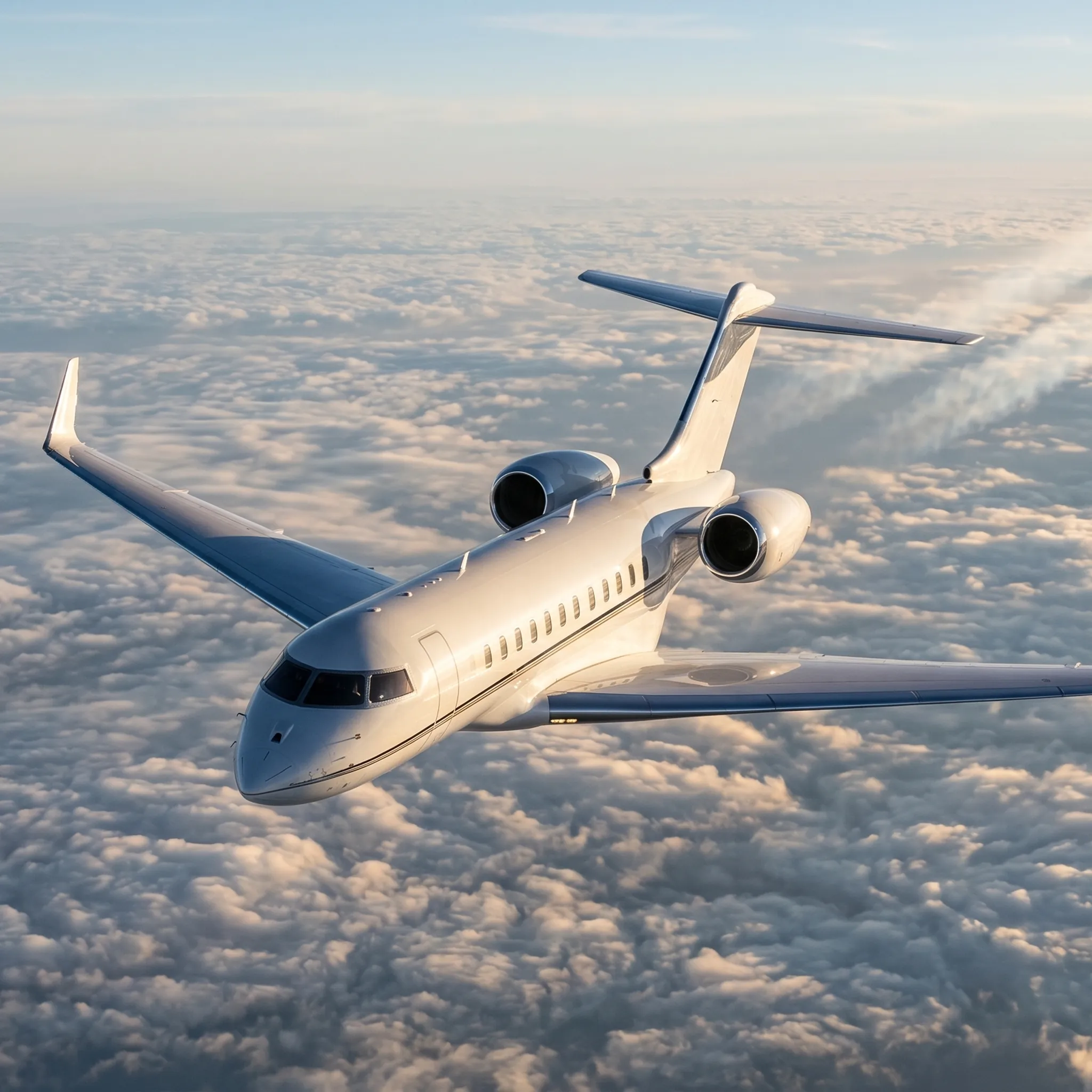 Business jet in cruise flight above cloud layer photographed from above with telephoto lens at golden hour