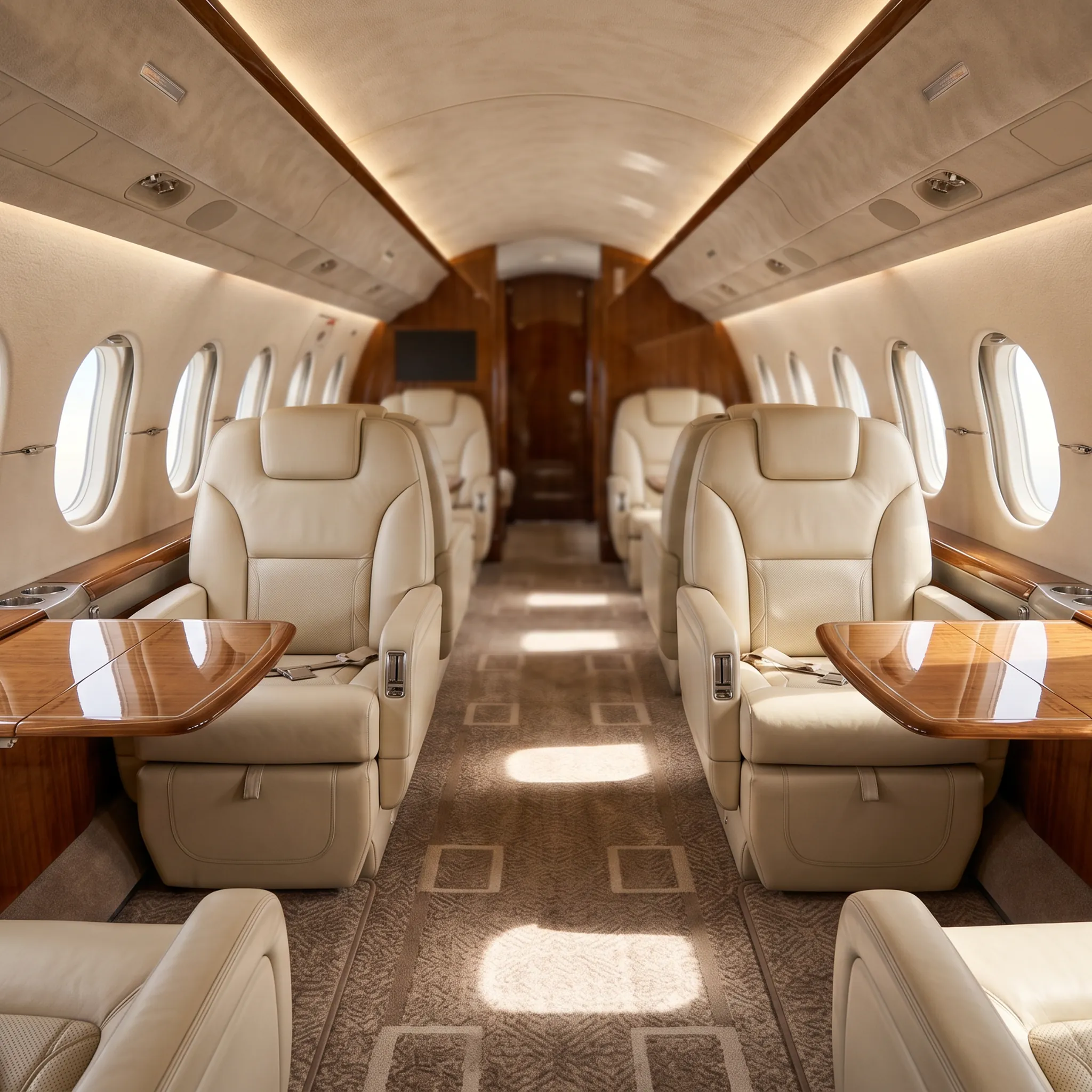 Luxurious large-cabin private jet interior with cream leather club seats and natural light through oval windows
