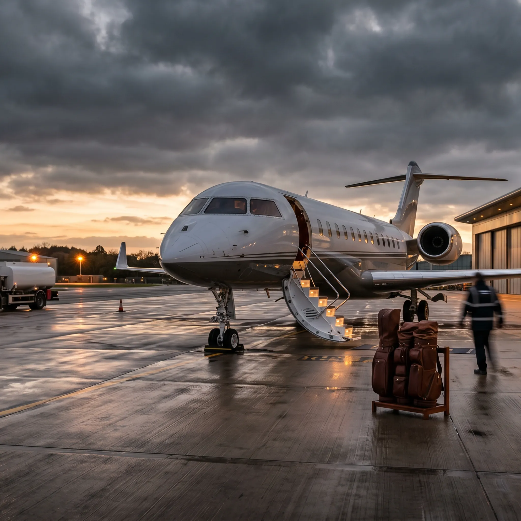 Private jet parked at a UK FBO terminal at dusk with golf bags staged near the aircraft stairs