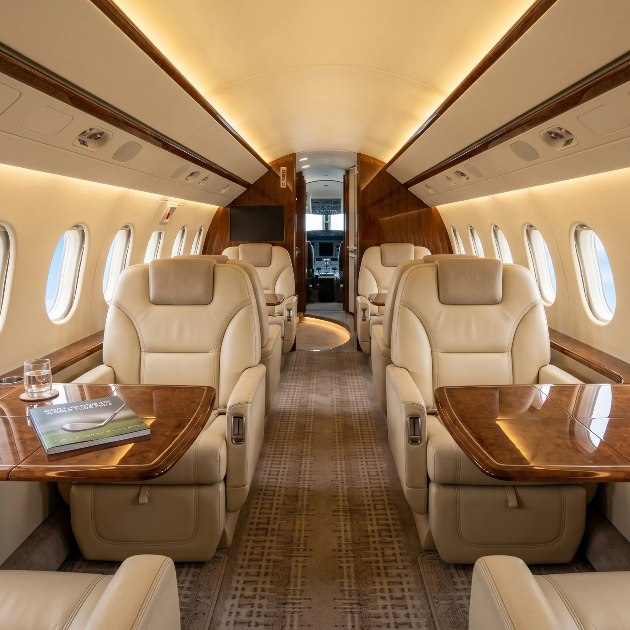 Luxury private jet cabin interior with leather seating and warm ambient lighting for a transatlantic golf charter