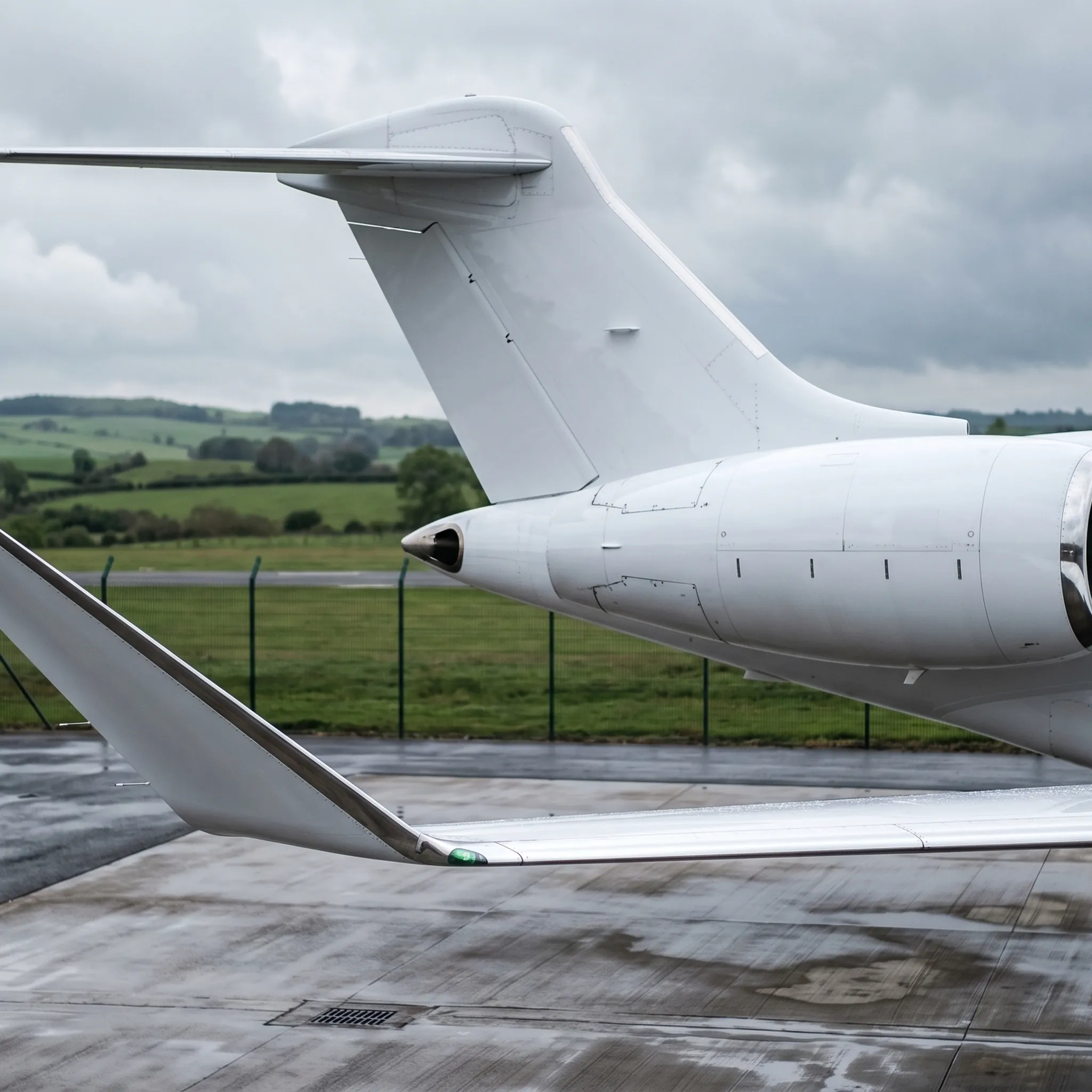 Bombardier Global 7500 private jet parked at a regional UK airport under overcast skies