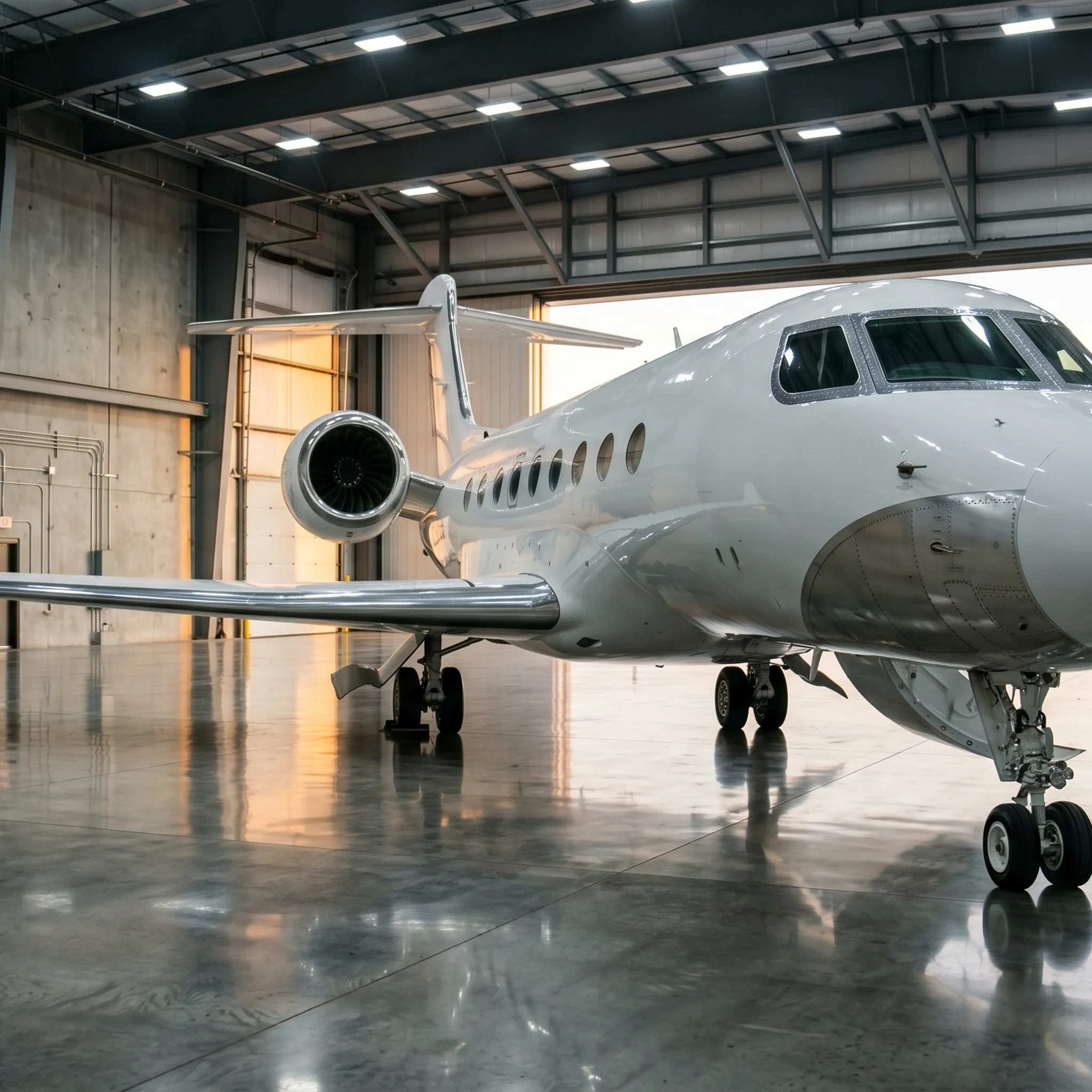 Gulfstream G700 business jet parked in modern executive hangar with polished concrete floor reflection