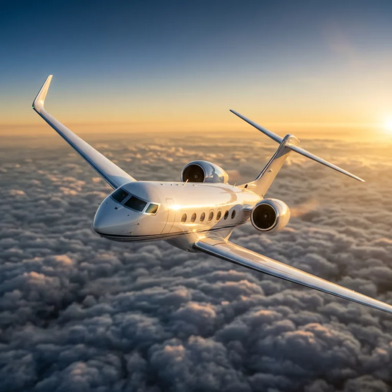 Gulfstream G700 private jet cruising above cloud layer at golden hour during ultra-long-range flight
