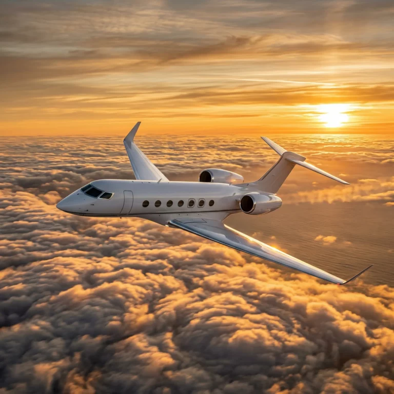 Gulfstream G800 ultra-long-range private jet flying above clouds at golden hour