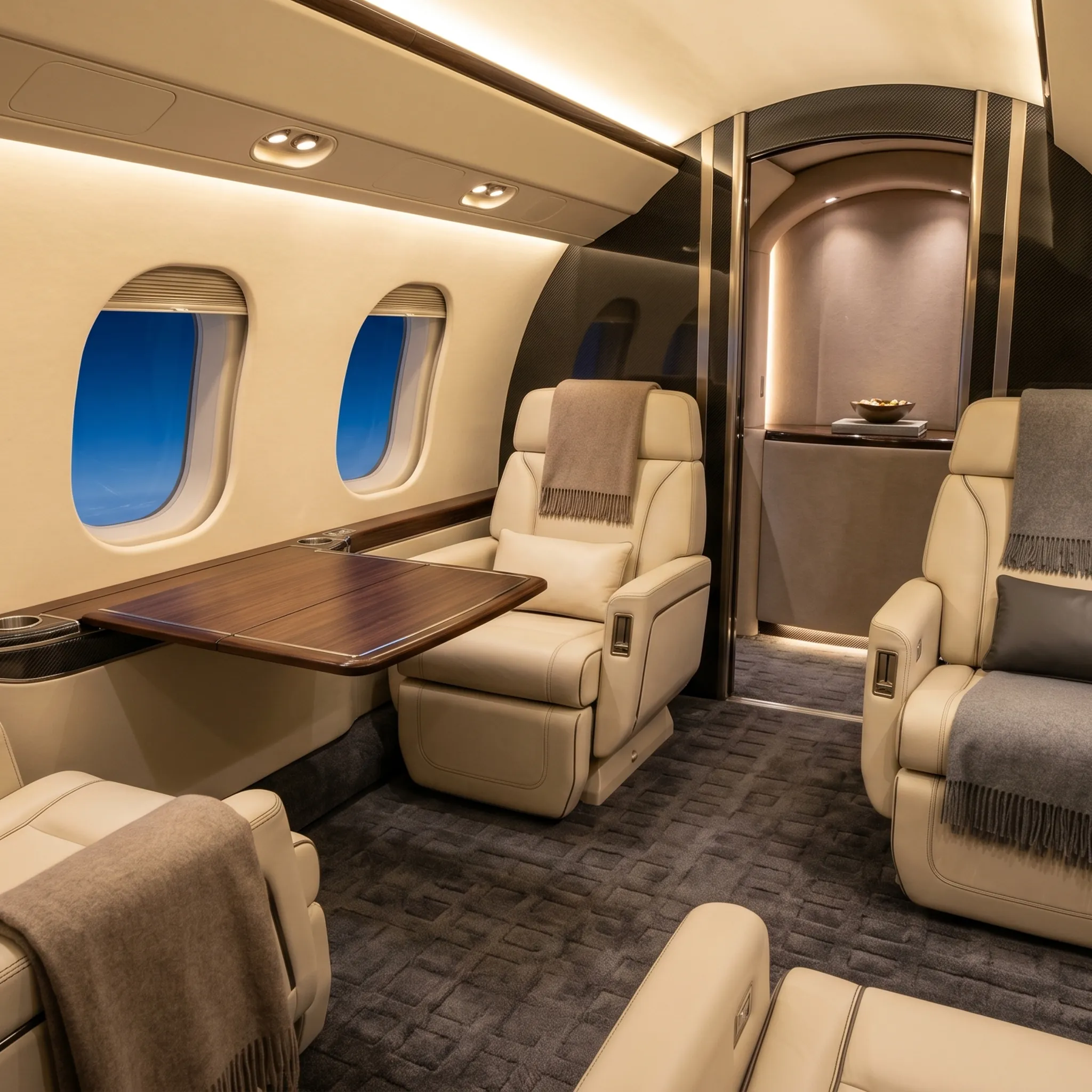 Bombardier Global 7500 private jet cabin interior with leather seating and warm ambient lighting