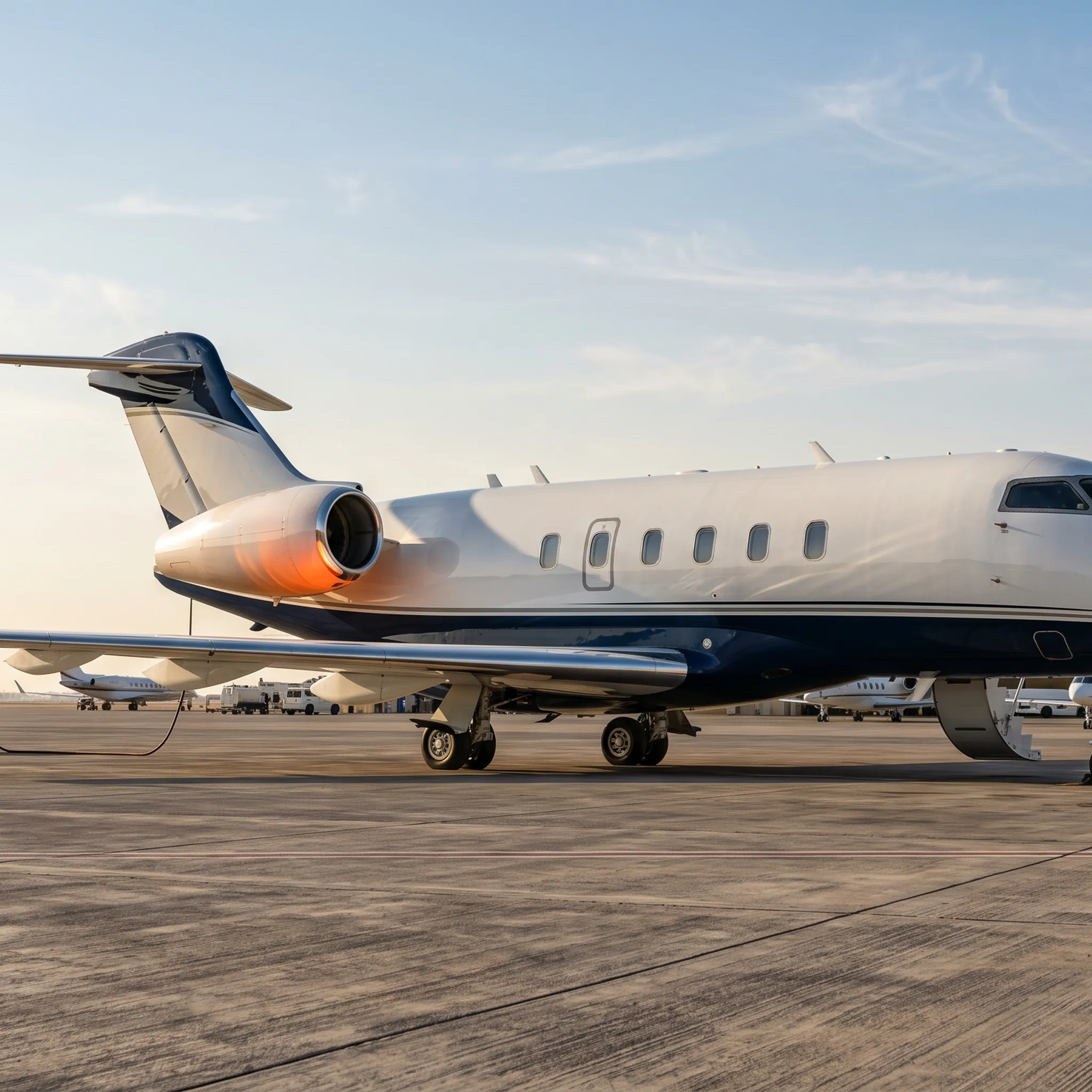 Bombardier Challenger 3500 private jet on FBO ramp in the Middle East in morning sunlight