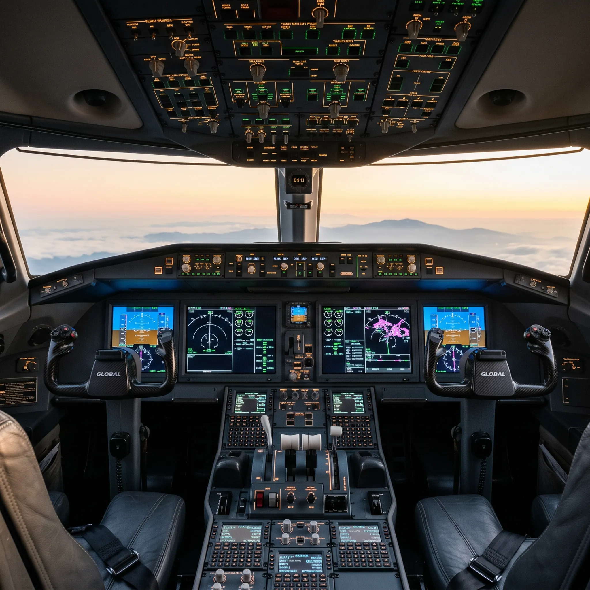 Bombardier Global series private jet cockpit with glass avionics displays lit at sunrise