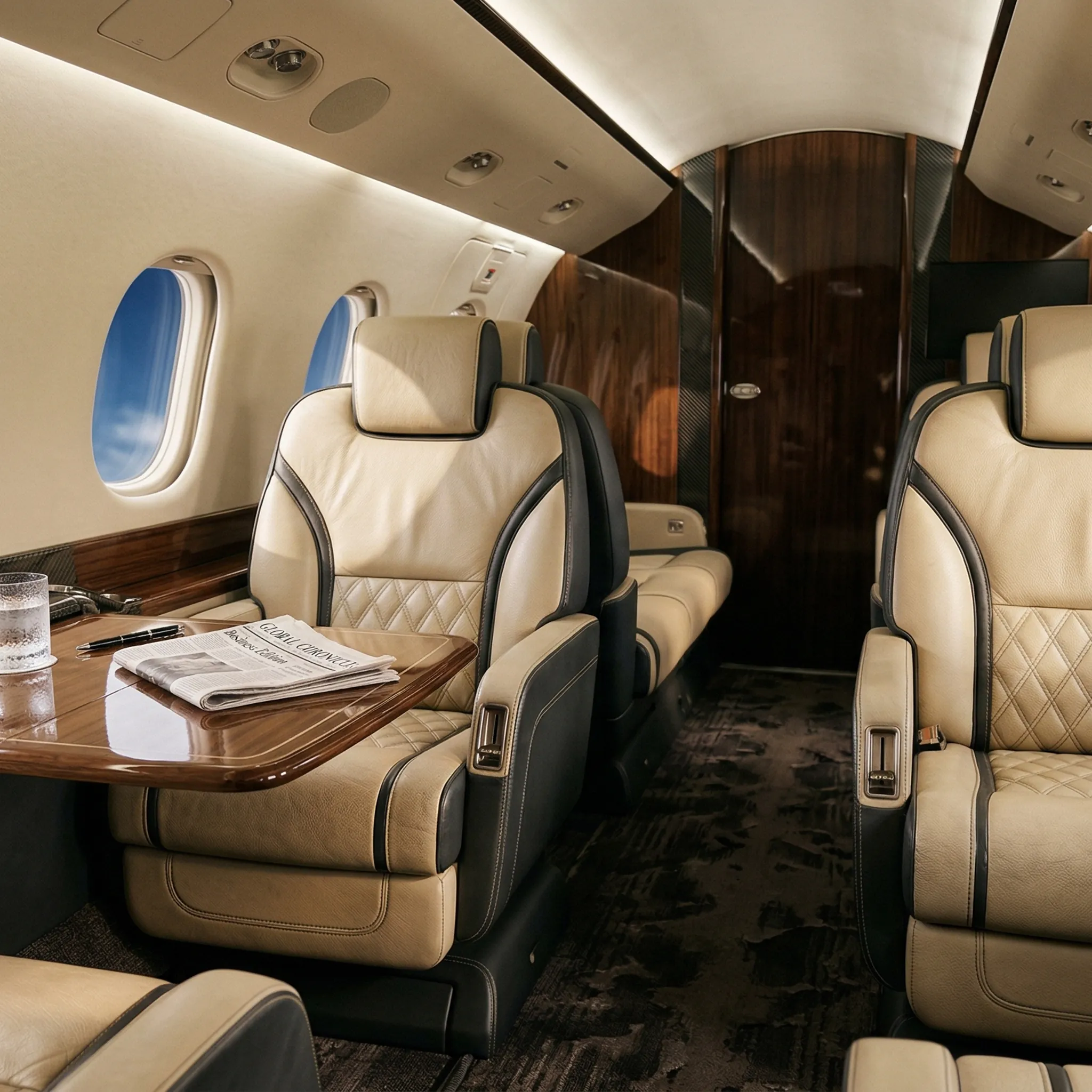 Luxurious private jet cabin interior with leather seating, walnut veneer tables, and ambient lighting in a VistaJet-style configuration