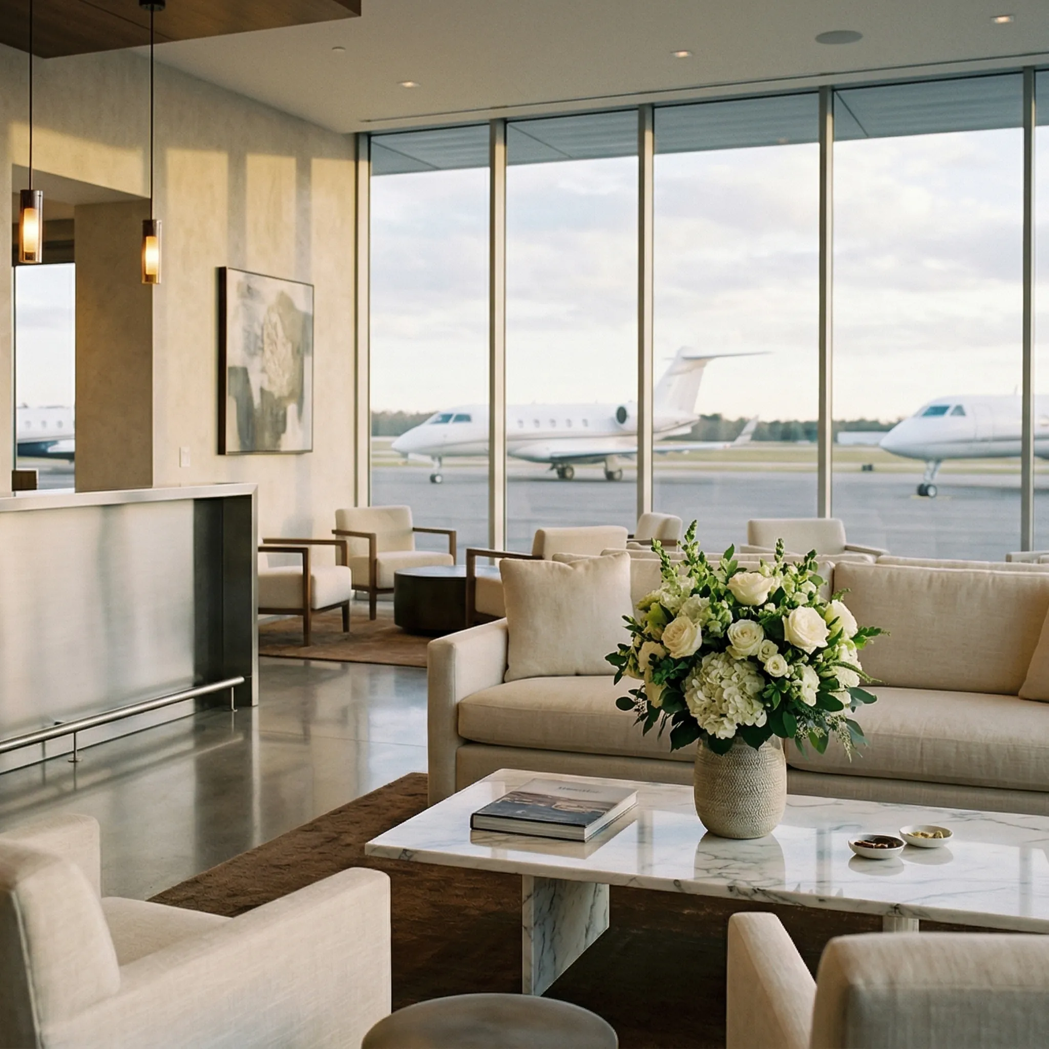 Premium private aviation FBO hospitality lounge with floor-to-ceiling windows overlooking private aircraft ramp at dusk