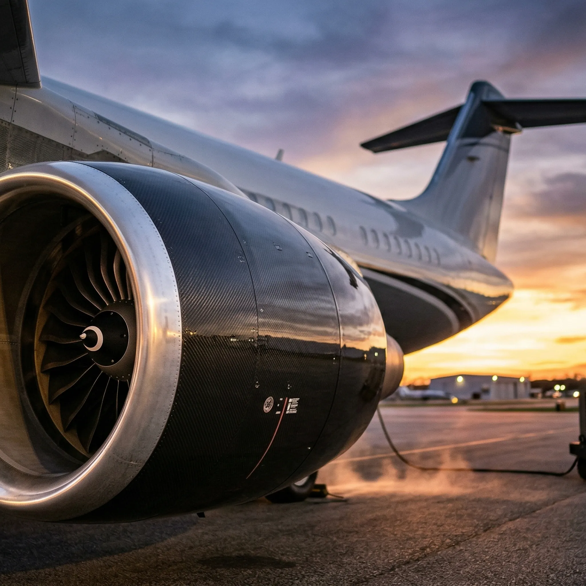 Low-angle close-up of large-cabin private jet turbofan engine nacelle on private ramp at sunset with dramatic sky background
