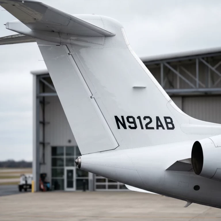 Close-up of private jet tail section showing aircraft registration prefix letters on polished white fuselage