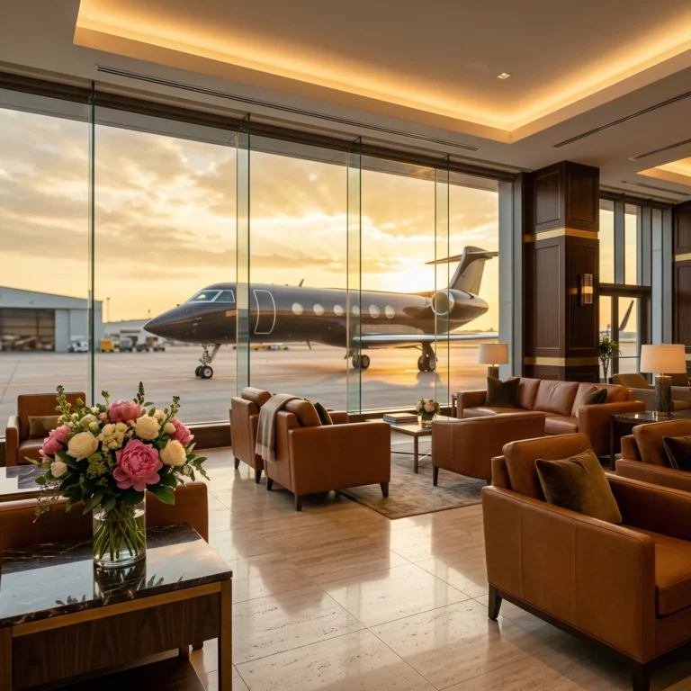 Luxury FBO lounge interior designed like a five-star hotel with leather seating and private jet visible through floor-to-ceiling windows