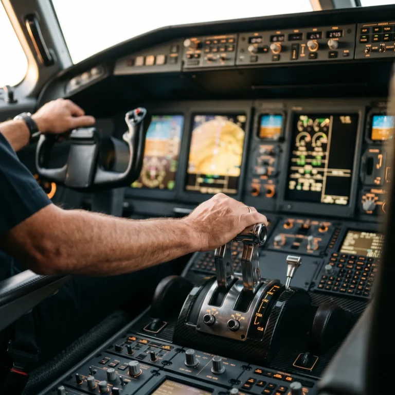 Business jet cockpit with captain's hands on throttles, glass cockpit displays glowing, editorial aviation photography