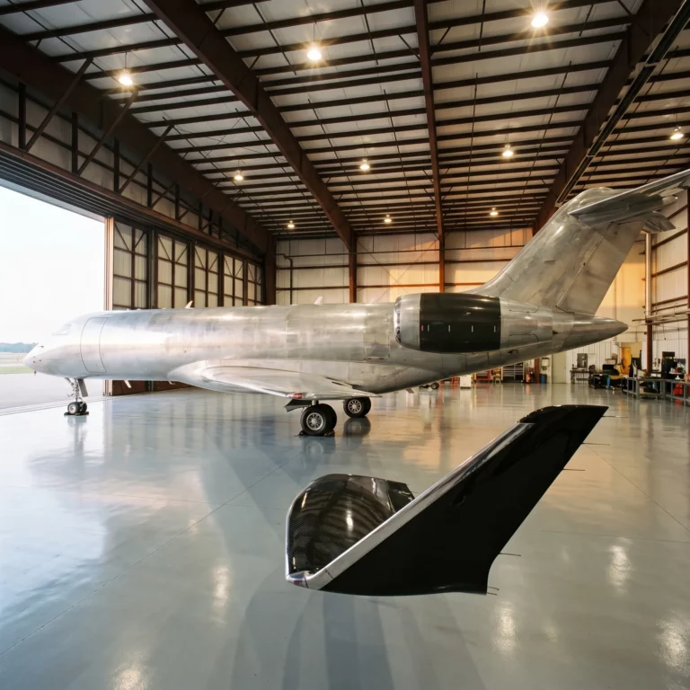 Large-cabin pre-owned business jet in executive hangar with polished fuselage and warm overhead lighting