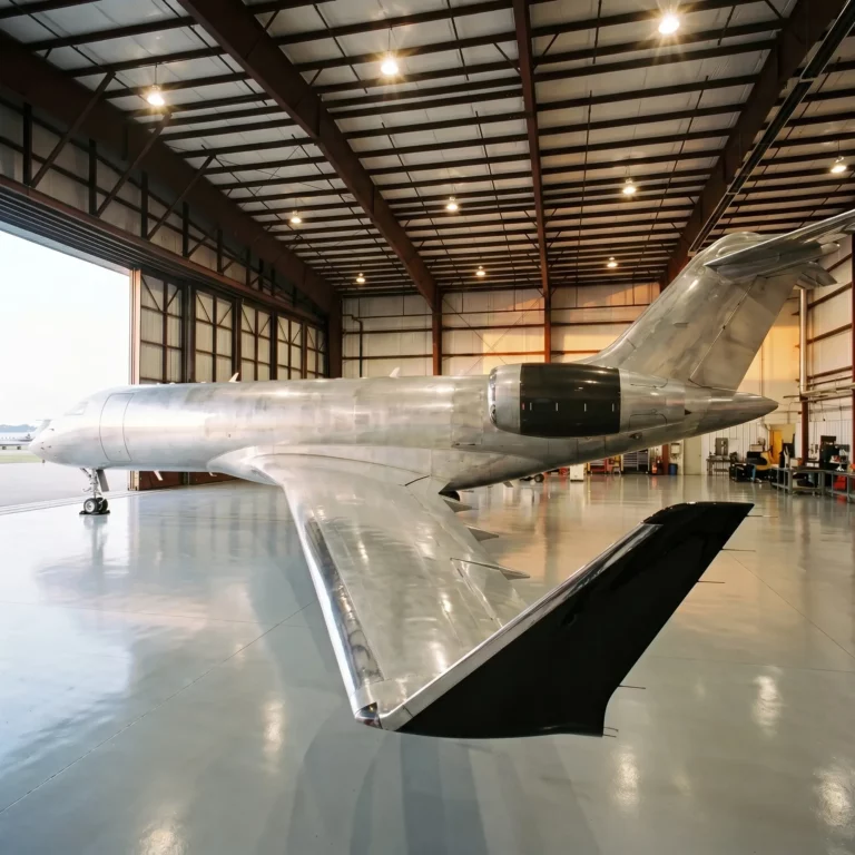 Large-cabin pre-owned business jet in executive hangar with polished fuselage and warm overhead lighting