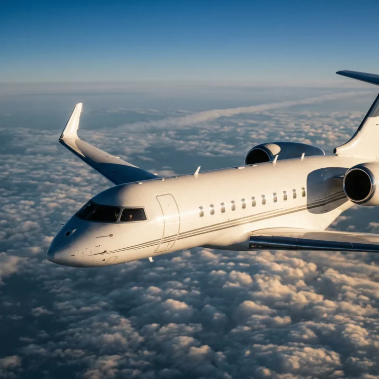 Ultra-long-range private jet flying above clouds at golden hour, photographed with telephoto lens showing polished fuselage and winglet detail