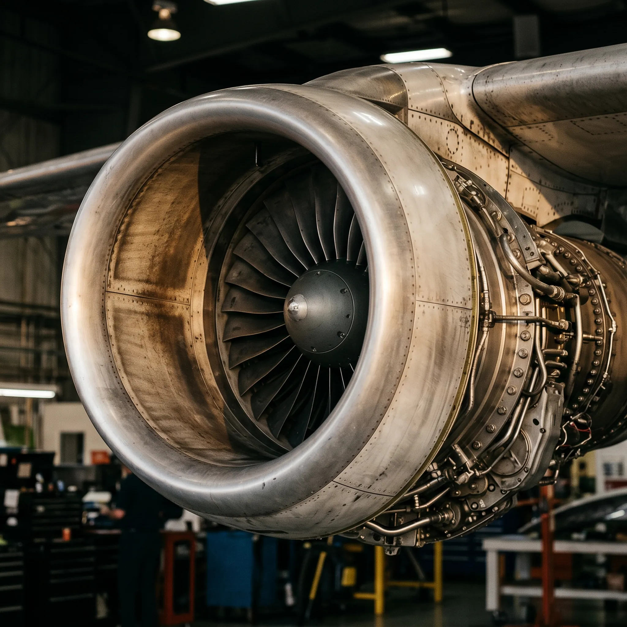 Close-up detail of private jet engine nacelle and aluminum cowling during maintenance inspection in aviation hangar