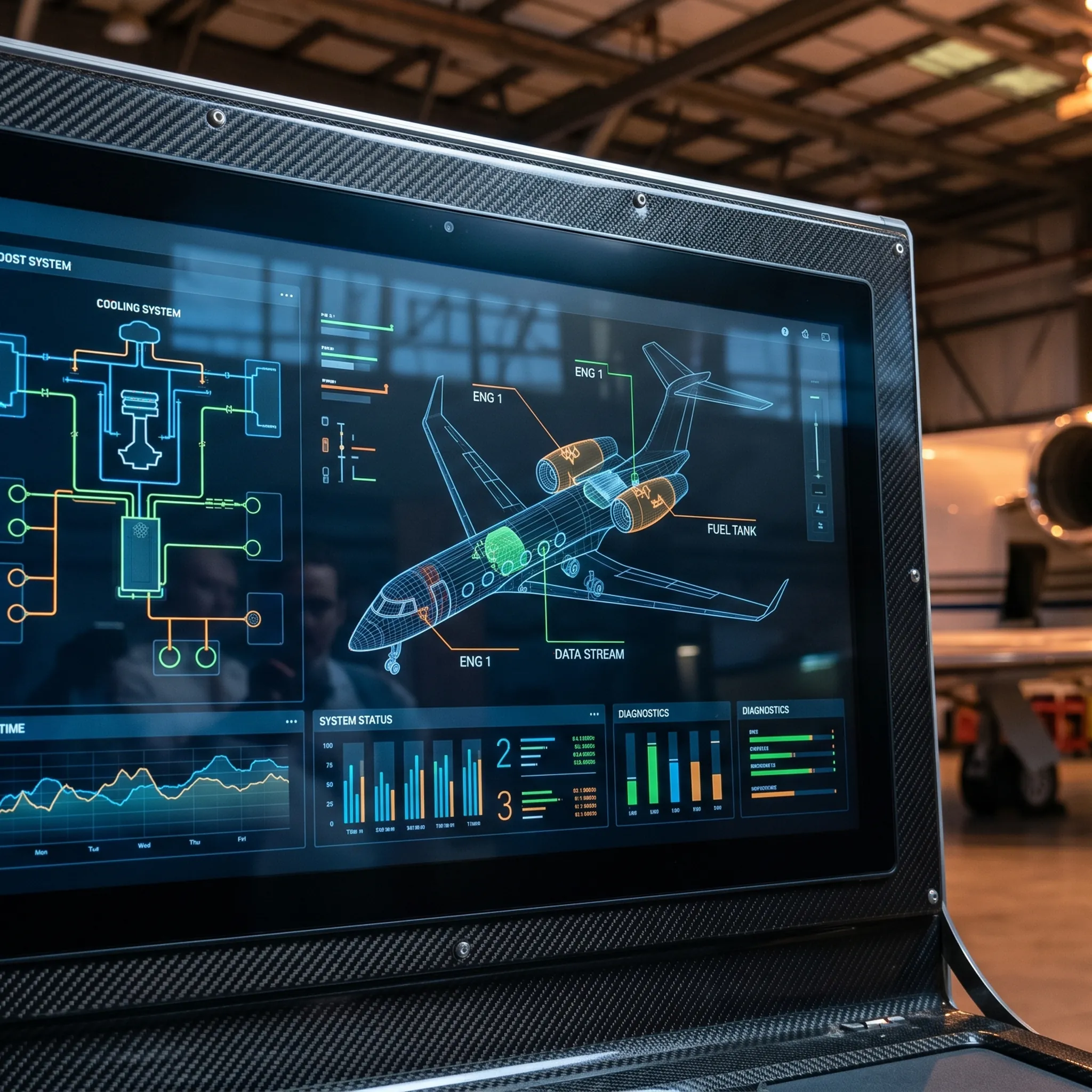 Digital aircraft maintenance tracking system displaying diagnostic data in a private aviation hangar