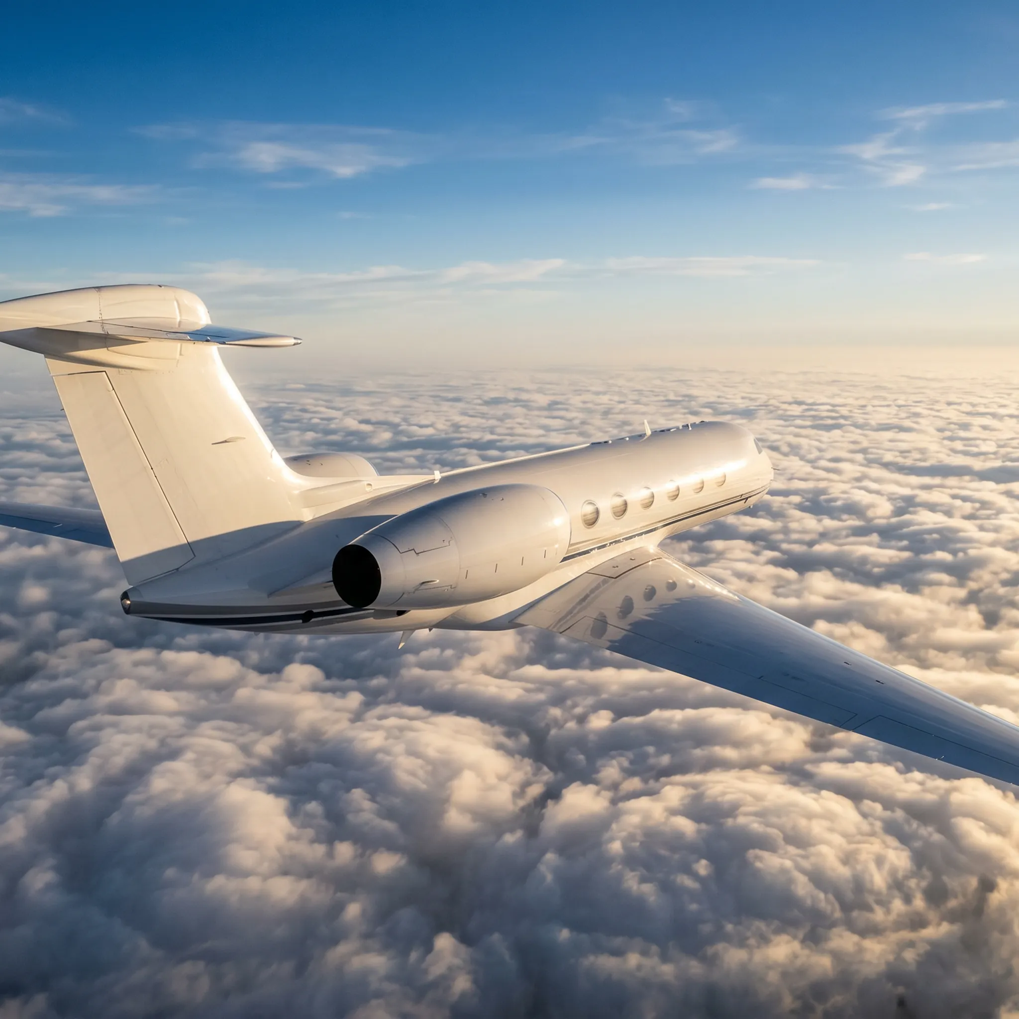 White business jet cruising above cloud layer at high altitude in late afternoon sunlight