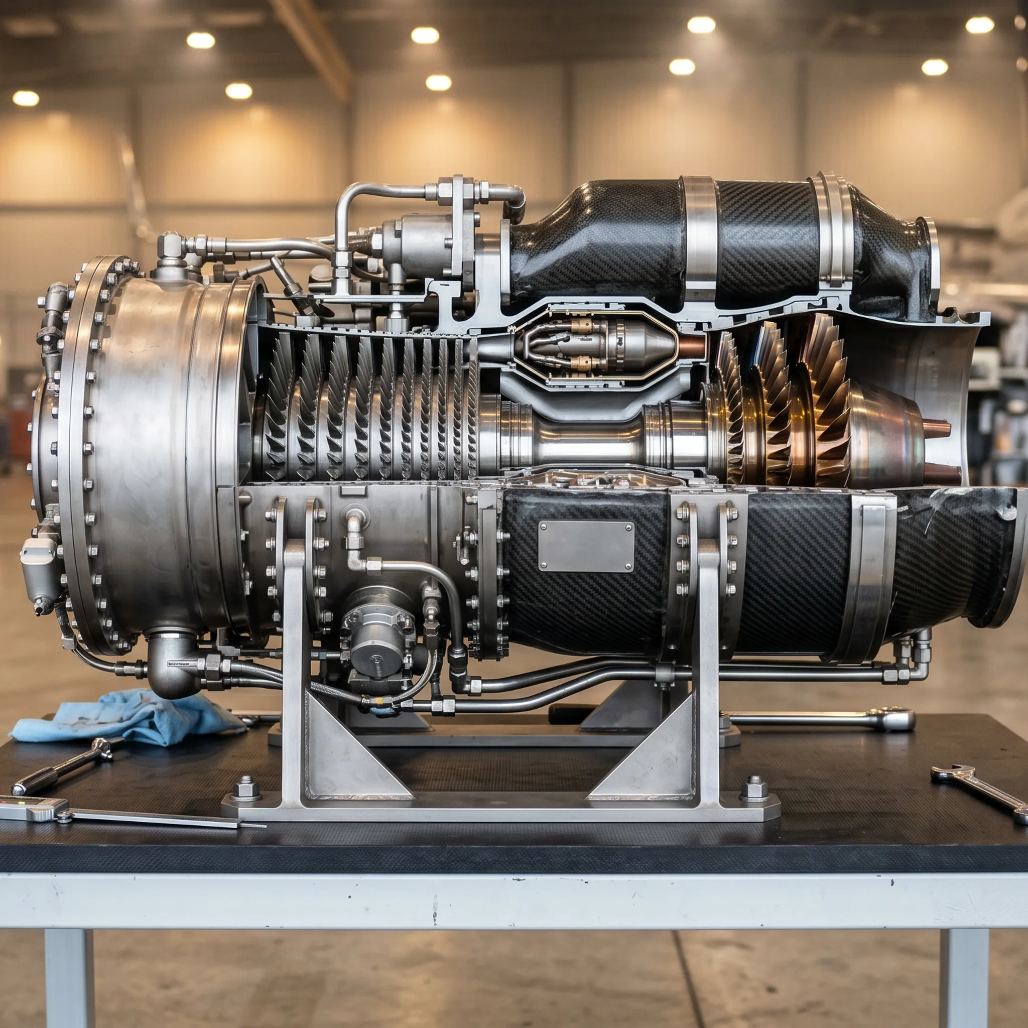 Aircraft APU auxiliary power unit turbine engine on maintenance workbench in aviation hangar
