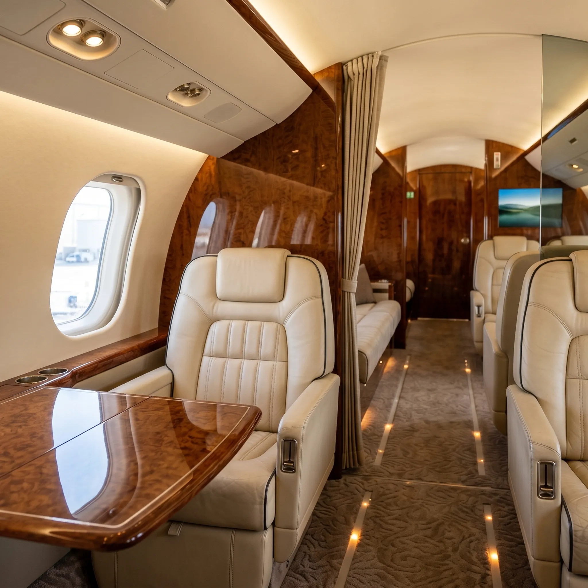 Luxury private jet cabin interior illuminated and air-conditioned during pre-flight boarding preparation