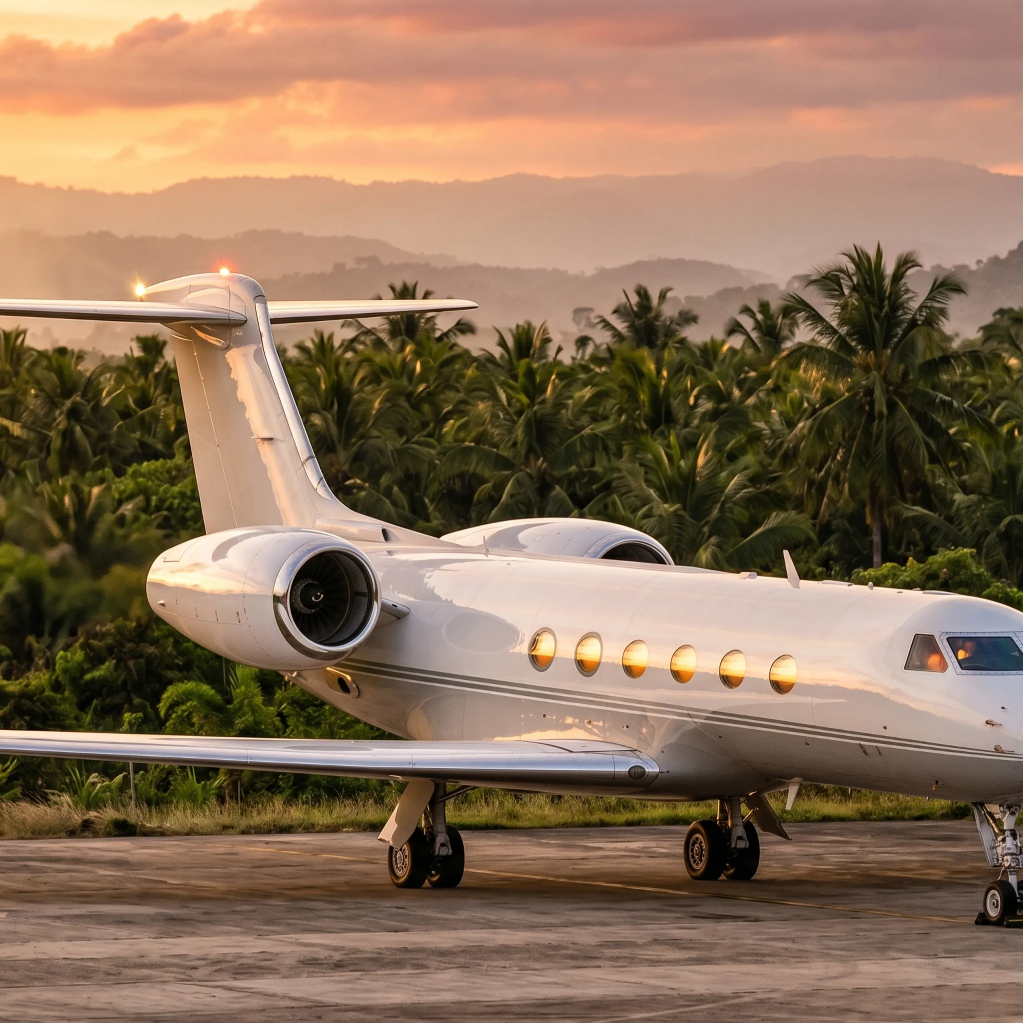 Private jet parked independently at remote tropical airport ramp powered by its own APU at sunset