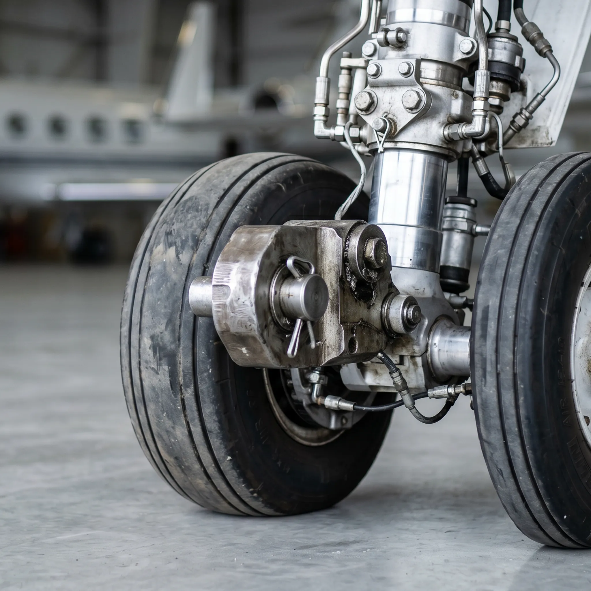 Close-up of business jet nosewheel assembly and tow bar attachment hardware on hangar floor
