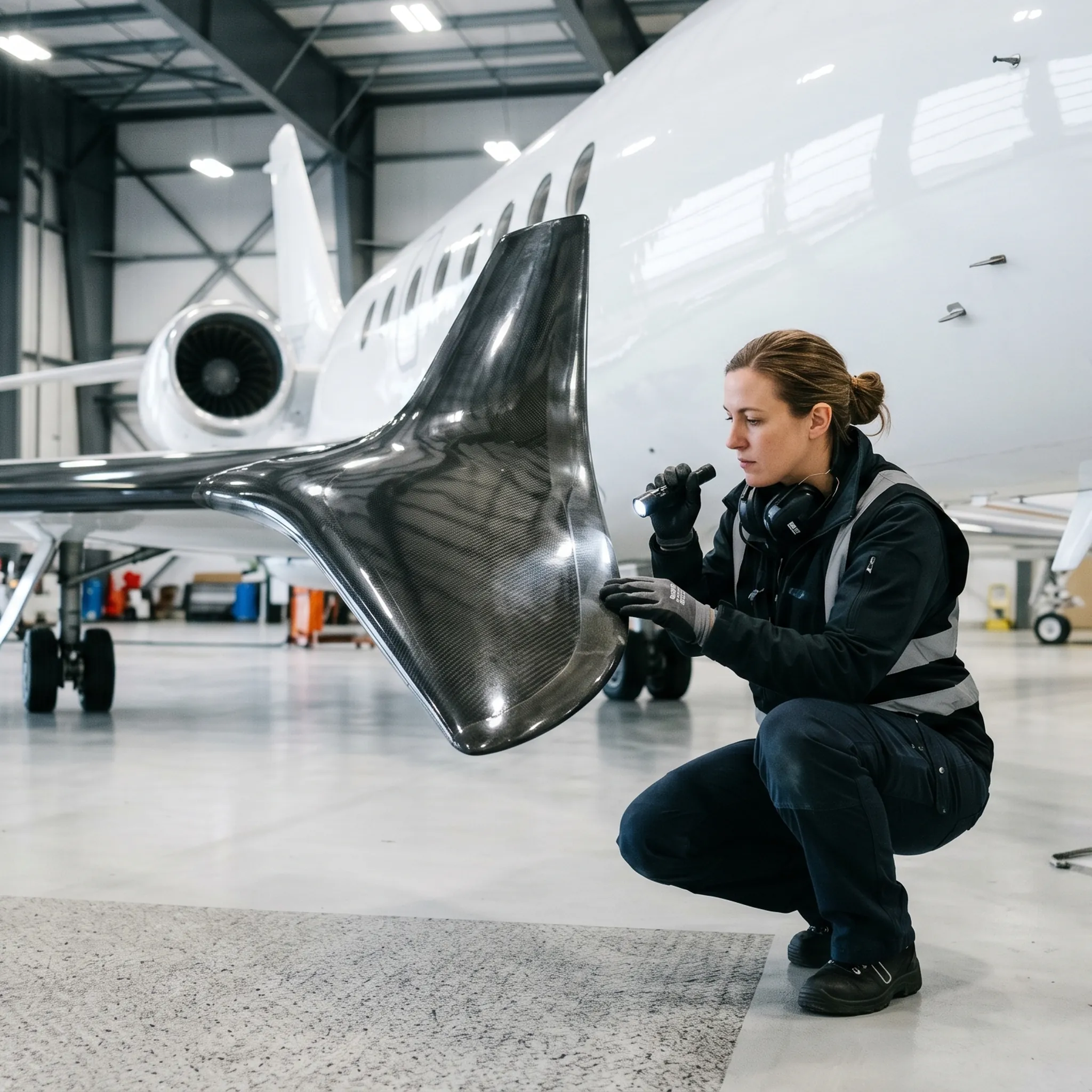 Aviation ground handler inspecting composite winglet surface of business jet during hangar walkaround inspection