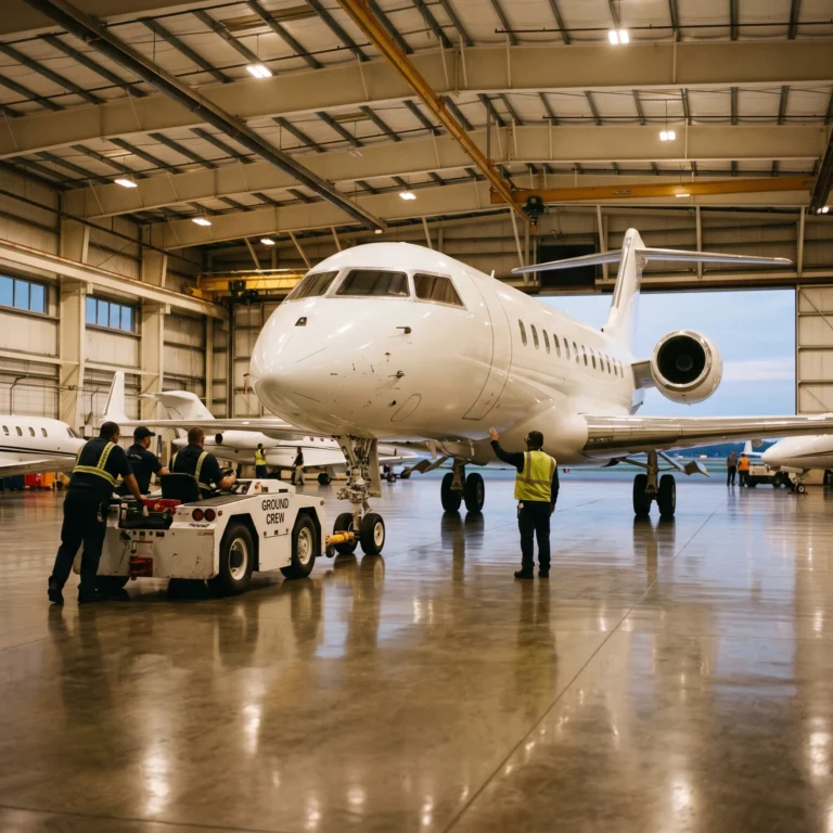 Business jet being towed inside executive hangar by ground crew using towbarless aircraft tug on polished concrete floor