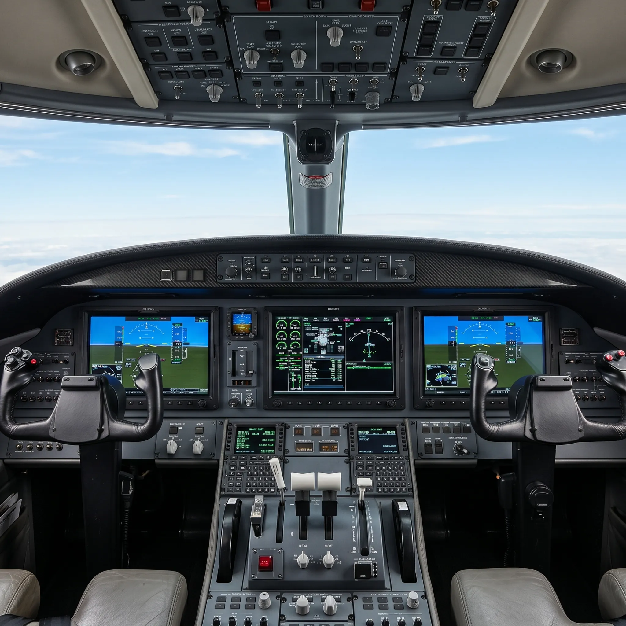 Citation X cockpit interior showing Garmin G5000 avionics and forward visibility during flight
