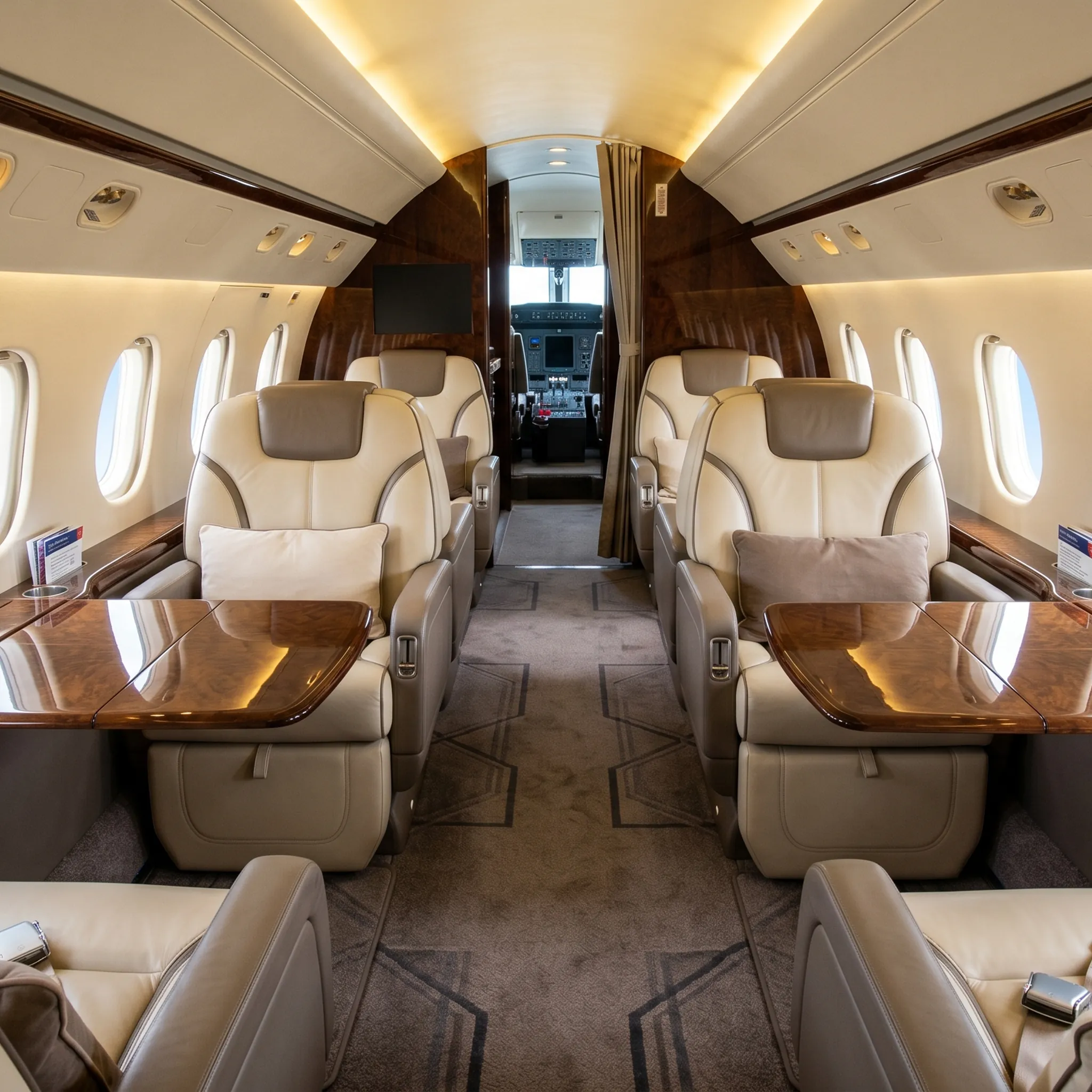 Gulfstream GIV large cabin interior with leather club seating and oval windows during flight
