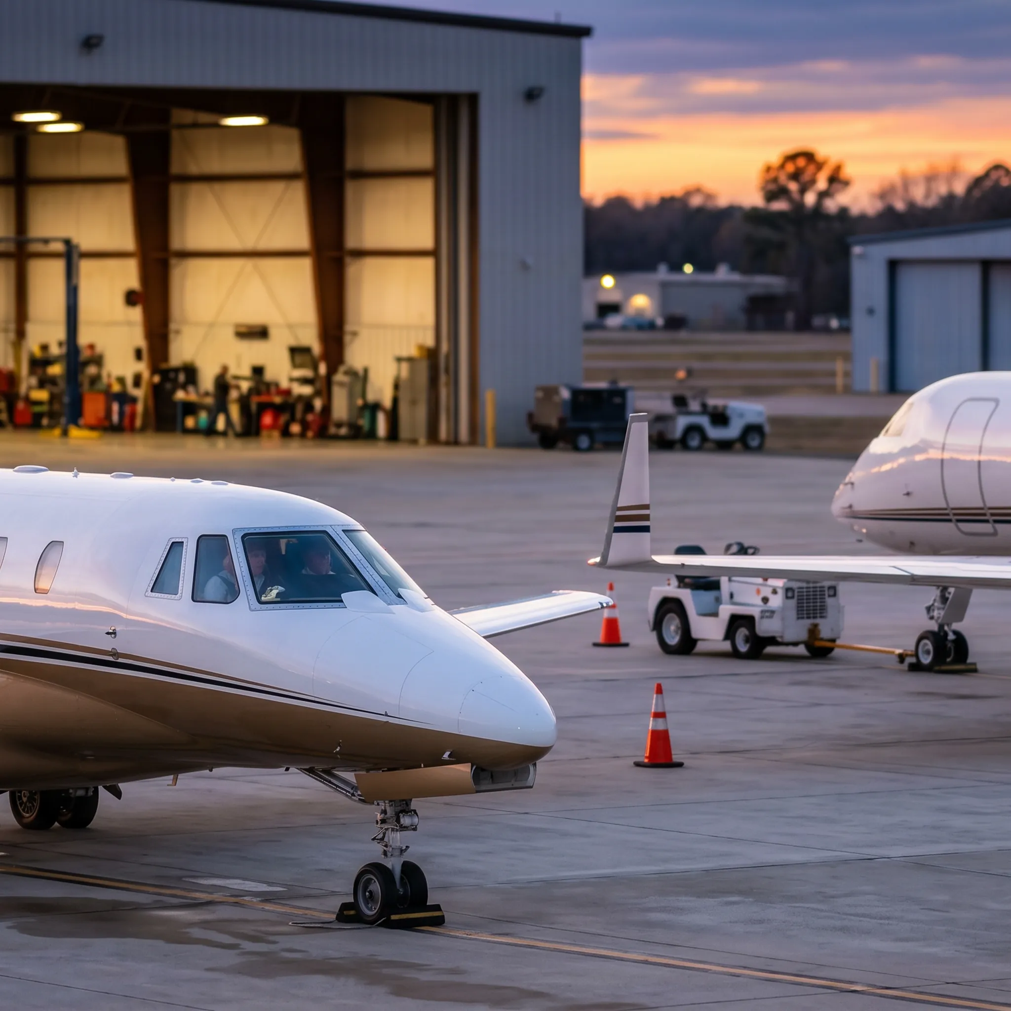 Citation X and Gulfstream private jets parked side by side on an FBO ramp at dusk