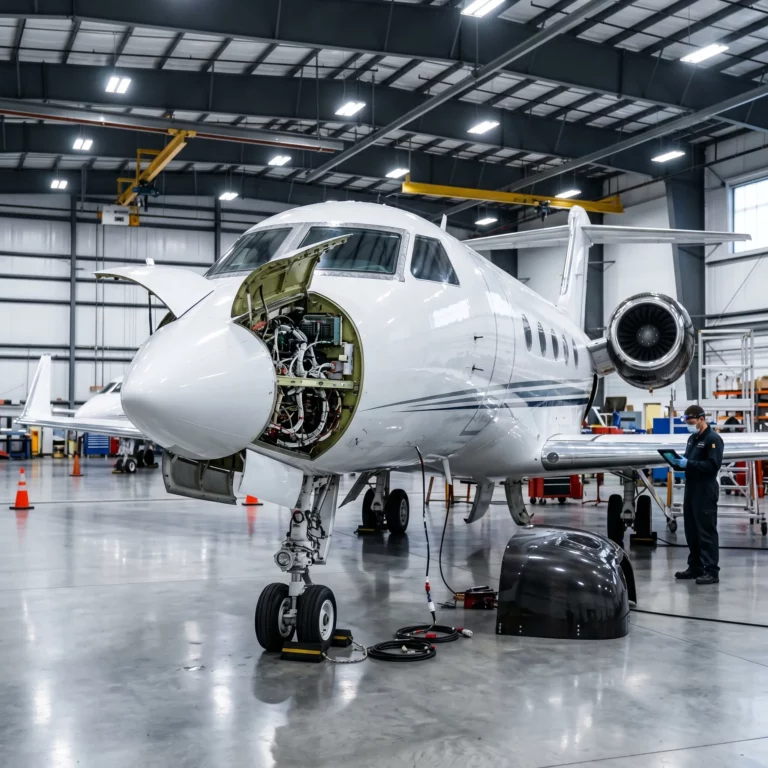 Business jet in aviation hangar with maintenance access panels open and technician reviewing digital maintenance records