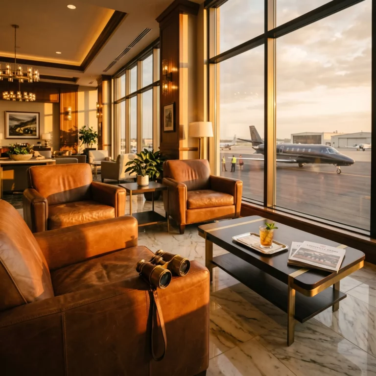 Luxury private aviation FBO lounge at a Kentucky Derby weekend event with leather seating and private jet on ramp beyond