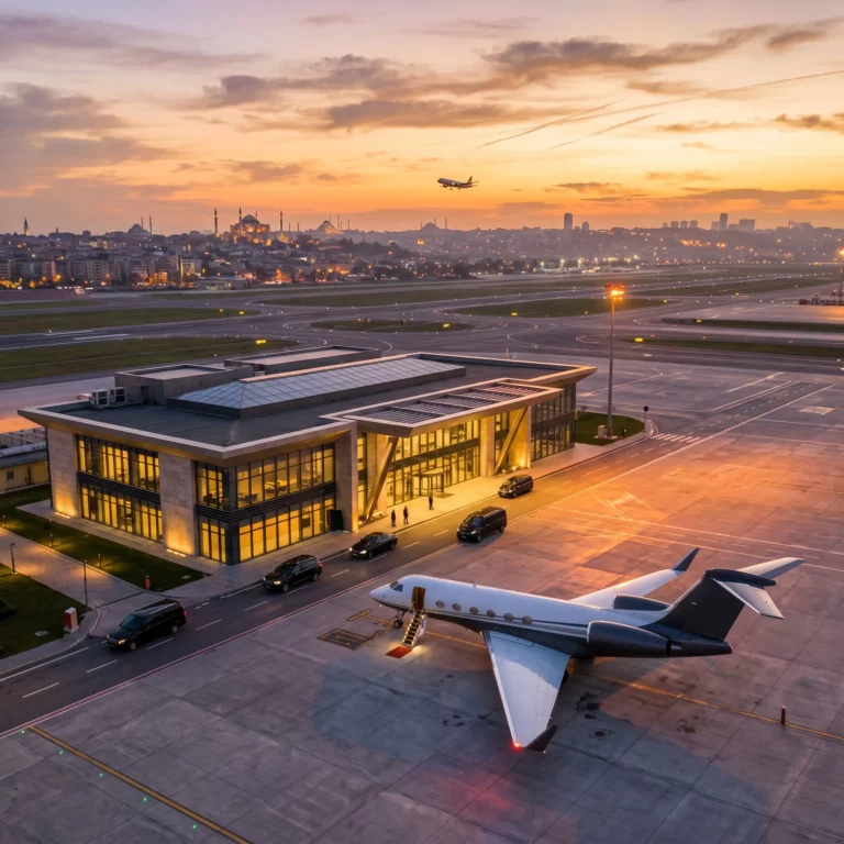 Modern VIP aviation terminal at Istanbul Airport at dusk with a private jet parked on the apron